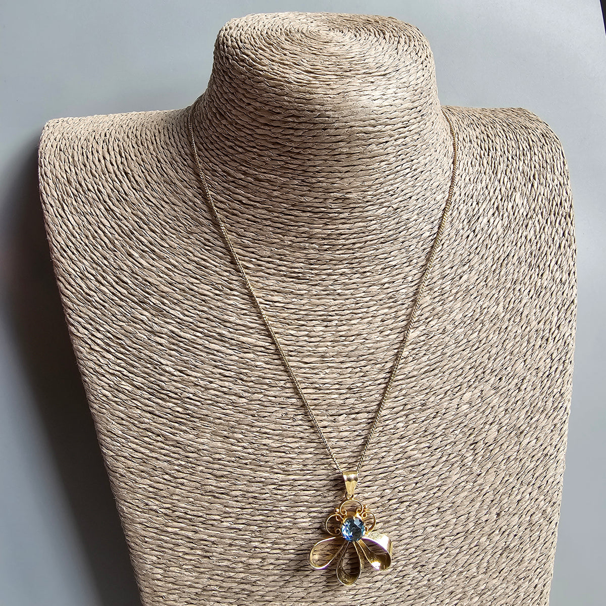 1950s Finnish Art Deco Style Gold Plated Silver & Blue Glass Necklace Pendant 1951
