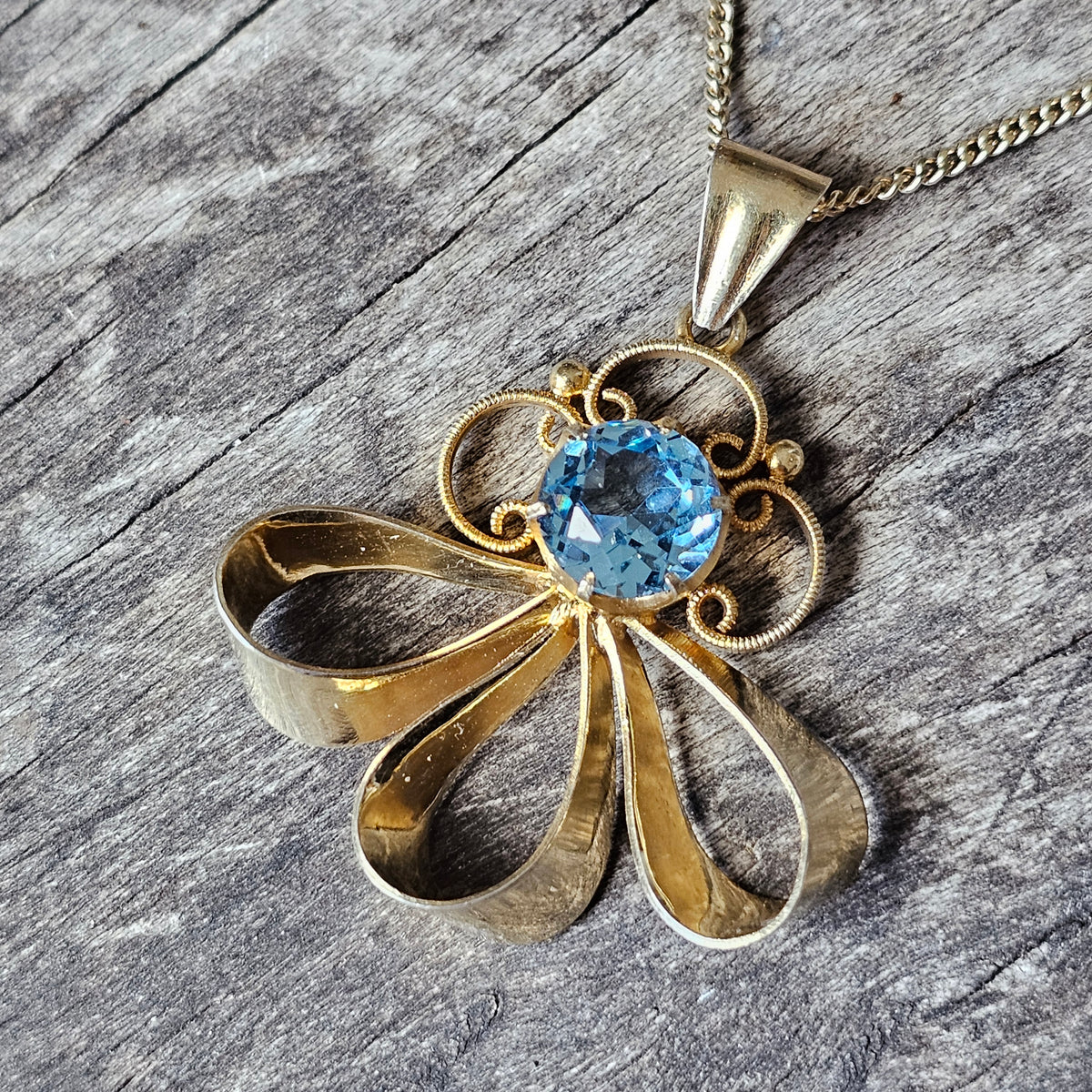 1950s Finnish Art Deco Style Gold Plated Silver & Blue Glass Necklace Pendant 1951