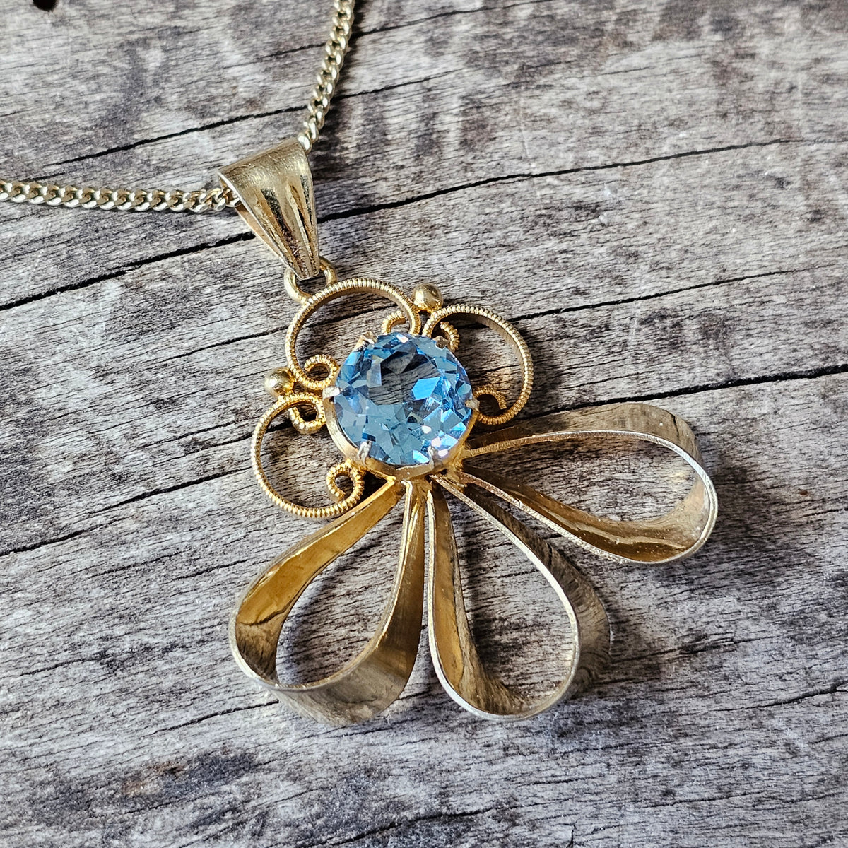 1950s Finnish Art Deco Style Gold Plated Silver & Blue Glass Necklace Pendant 1951