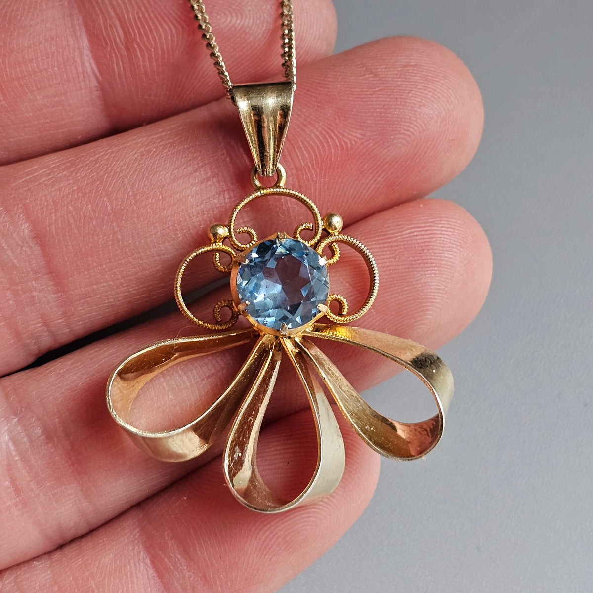 1950s Finnish Art Deco Style Gold Plated Silver & Blue Glass Necklace Pendant 1951