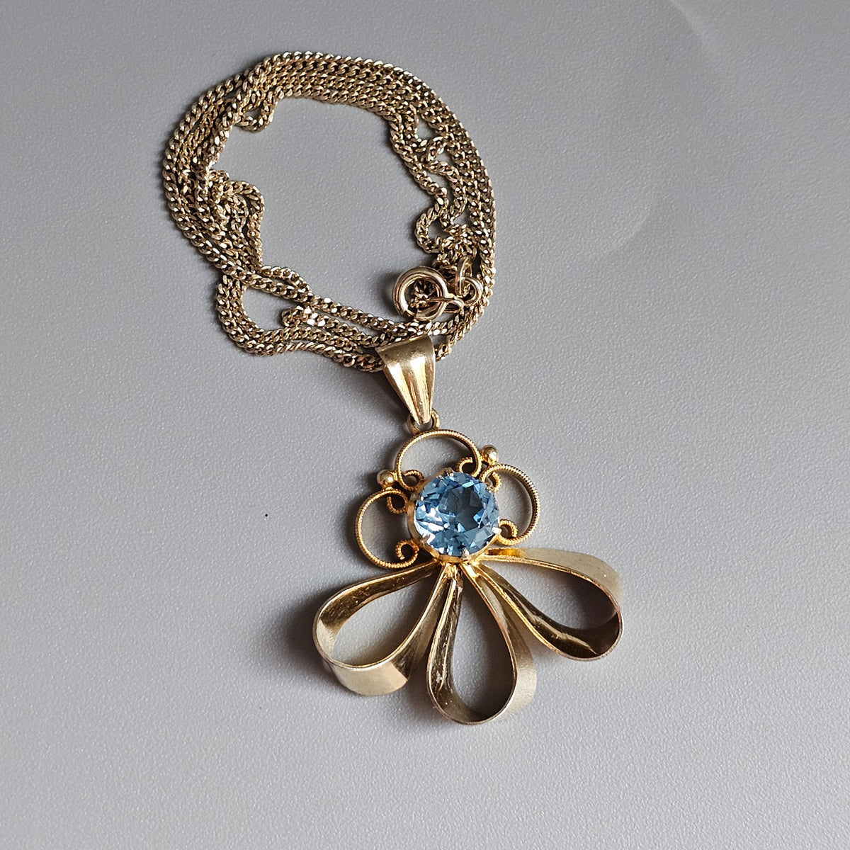 1950s Finnish Art Deco Style Gold Plated Silver & Blue Glass Necklace Pendant 1951
