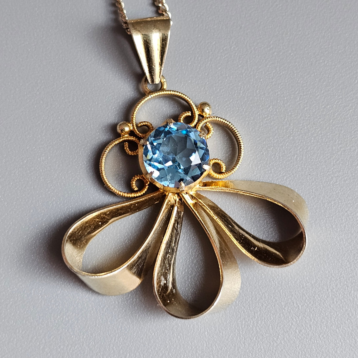 1950s Finnish Art Deco Style Gold Plated Silver & Blue Glass Necklace Pendant 1951