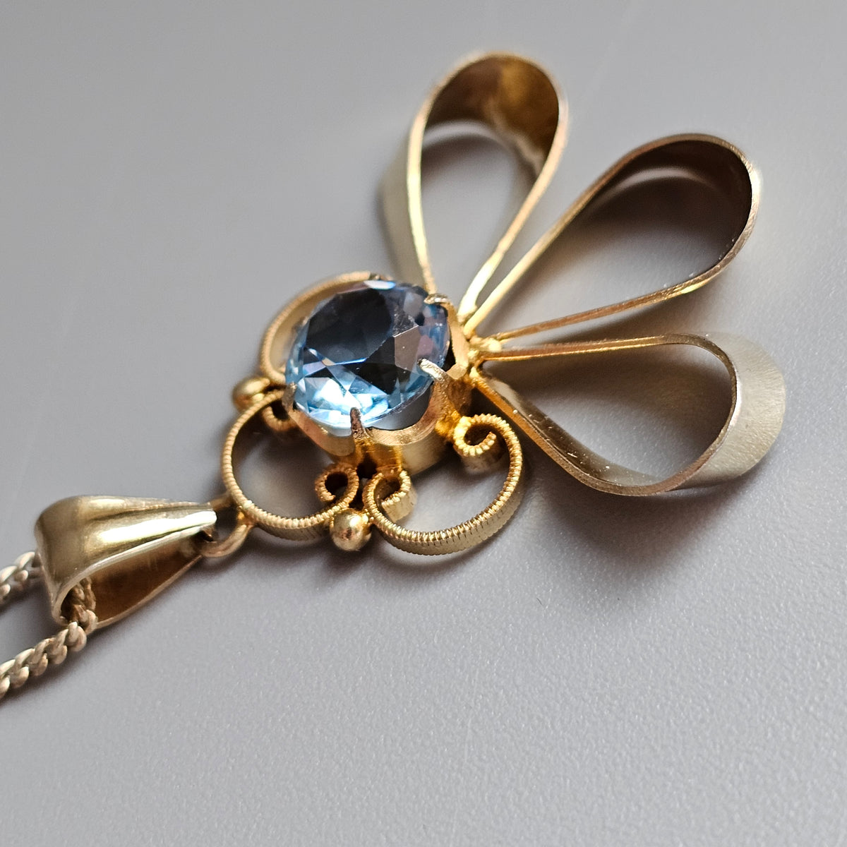 1950s Finnish Art Deco Style Gold Plated Silver & Blue Glass Necklace Pendant 1951
