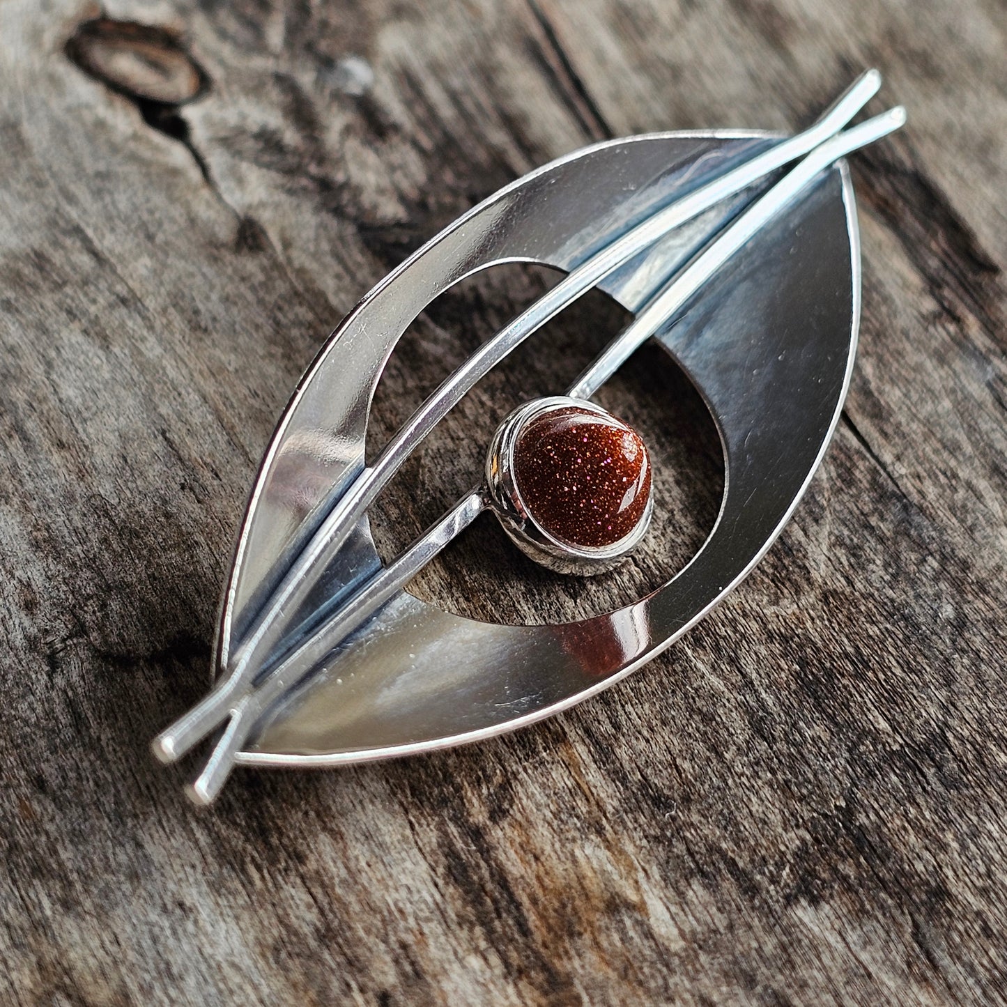 Vintage 1960s Finnish Modernist Silver Brooch with Goldstone by Elis Kauppi, Kupittaan Kulta Hallmarked 1962