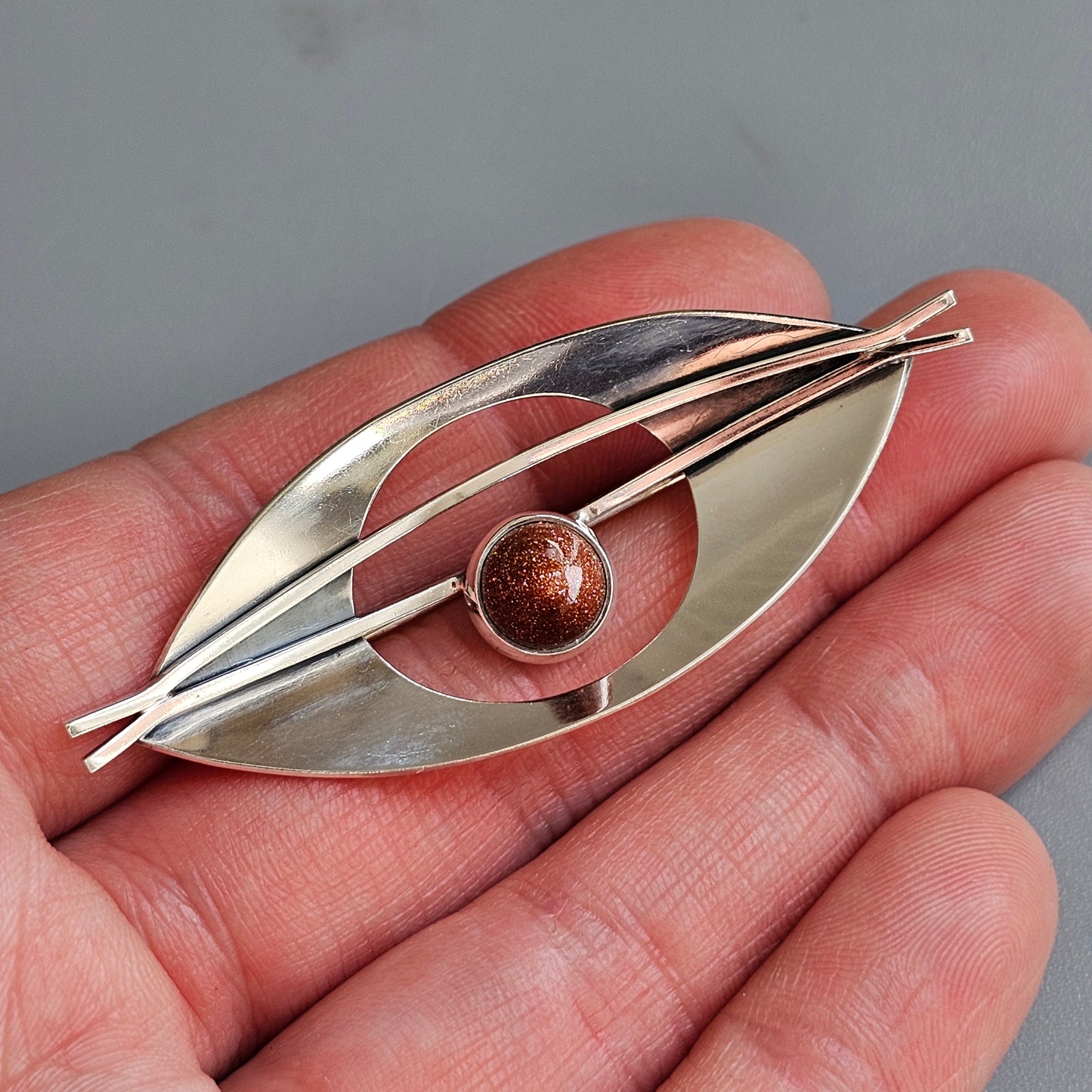 Vintage 1960s Finnish Modernist Silver Brooch with Goldstone by Elis Kauppi, Kupittaan Kulta Hallmarked 1962