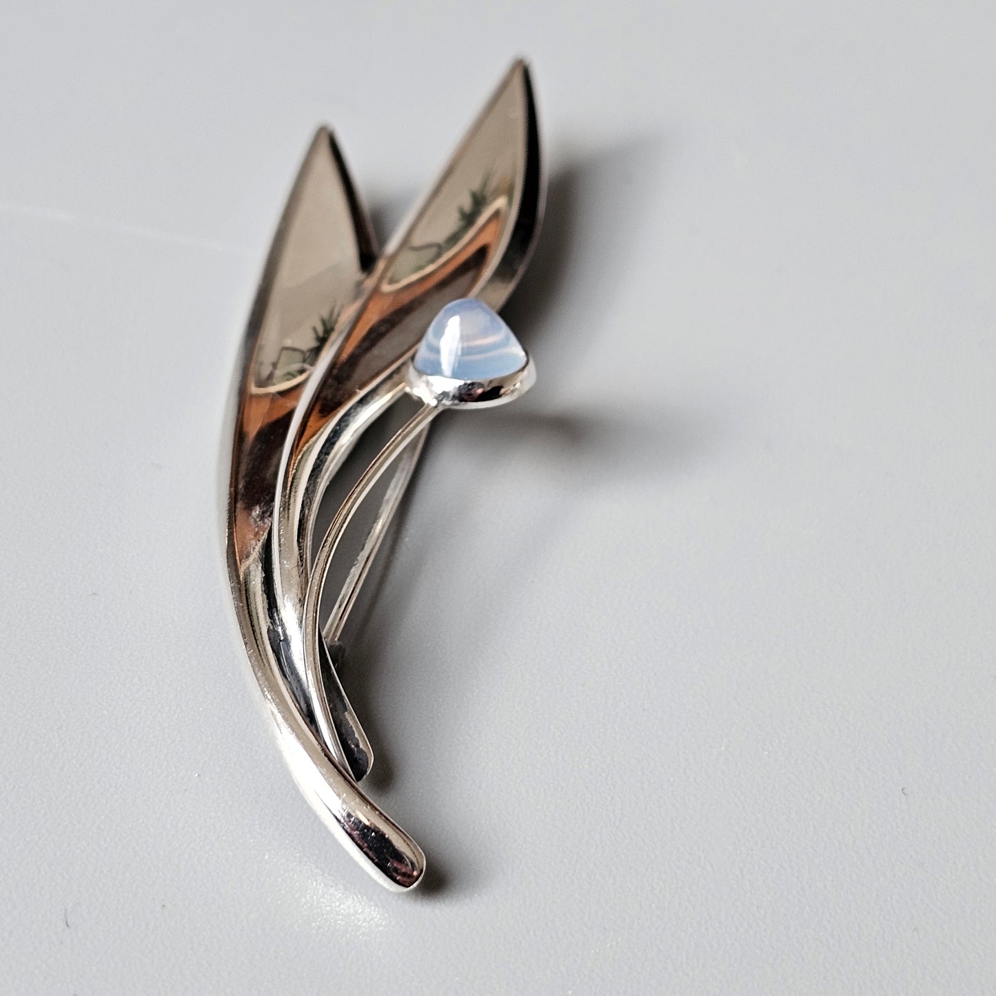 Vintage 60s Modernist Silver Chalcedony Moonstone Flower Brooch Elis Kauppi Kupittaan Kulta 1960