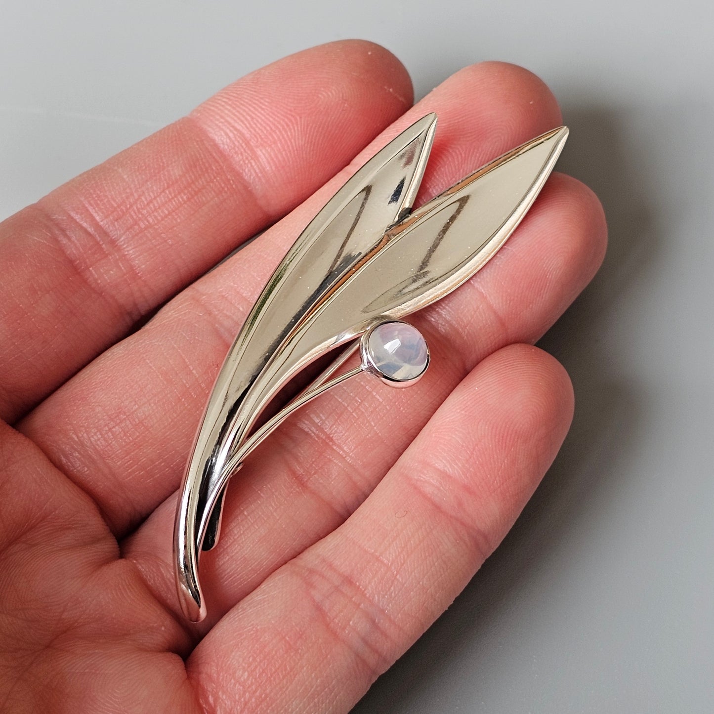 Vintage 60s Modernist Silver Chalcedony Moonstone Flower Brooch Elis Kauppi Kupittaan Kulta 1960