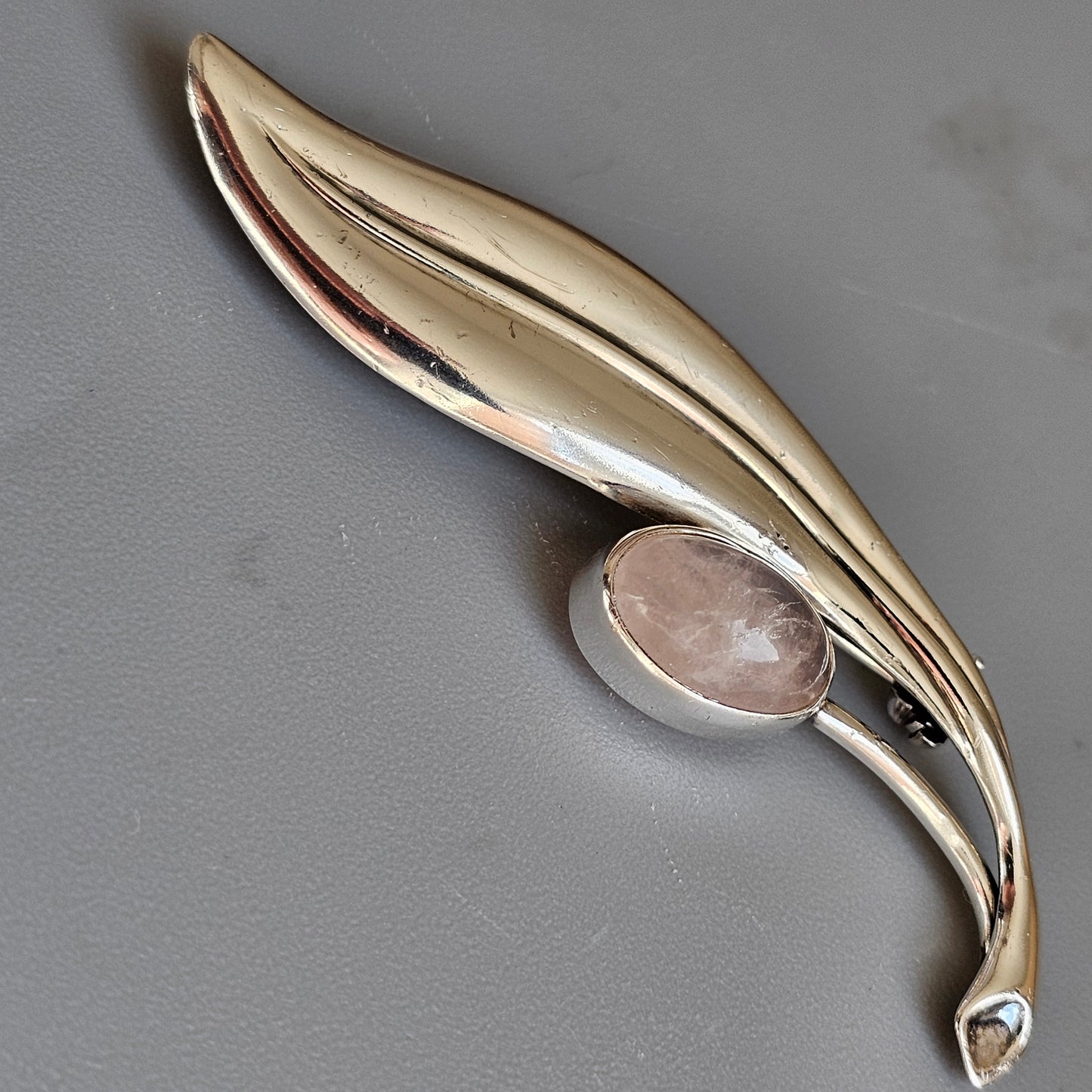 Vintage 1960s Finnish Modernist Silver Flower Brooch with Rose Quartz by Erik Granit & Co 1964