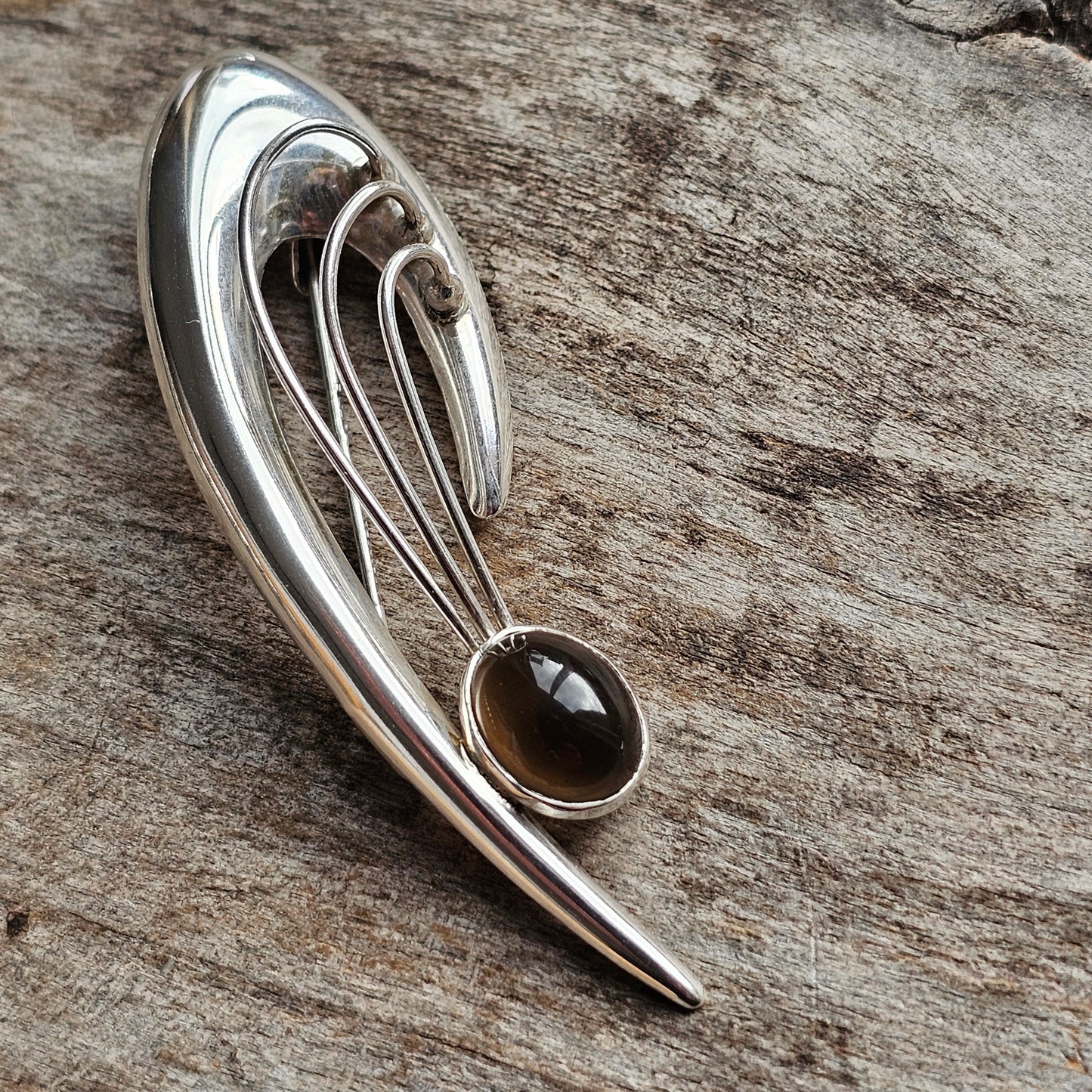 Vintage 1960s Finnish Modernist Silver & Smoky Quartz Brooch by Kultaseppä Salovaara 1962