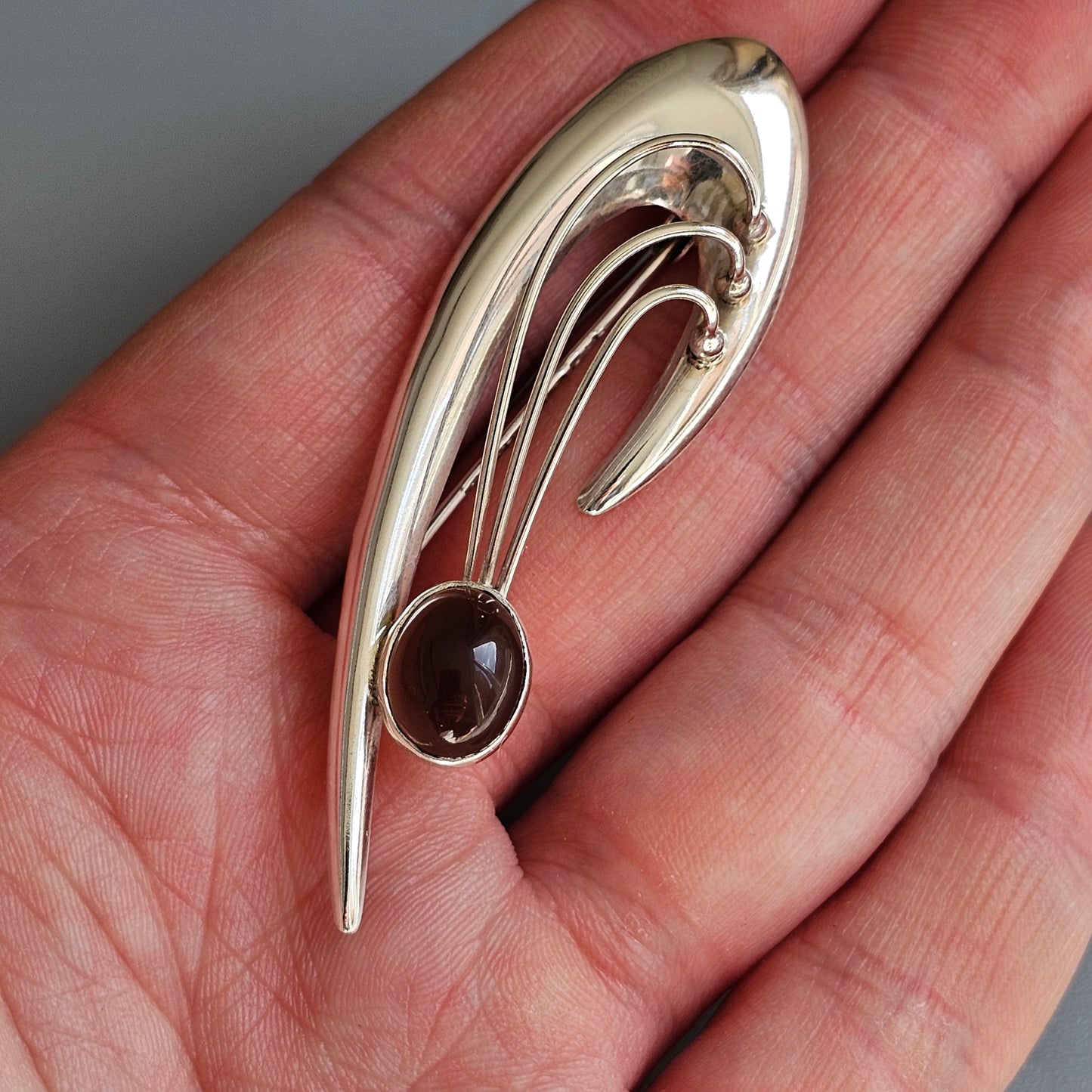 Vintage 1960s Finnish Modernist Silver & Smoky Quartz Brooch by Kultaseppä Salovaara 1962