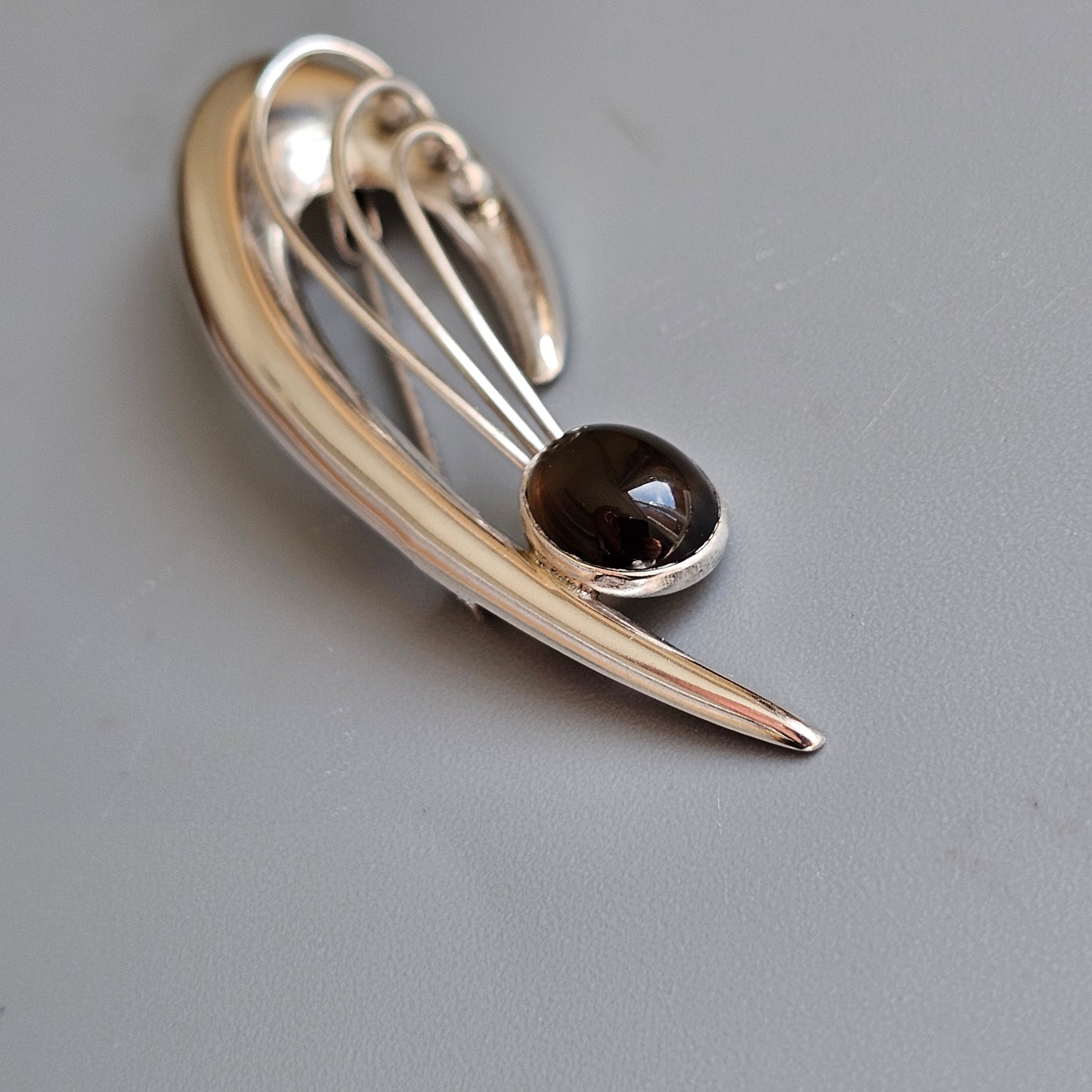 Vintage 1960s Finnish Modernist Silver & Smoky Quartz Brooch by Kultaseppä Salovaara 1962
