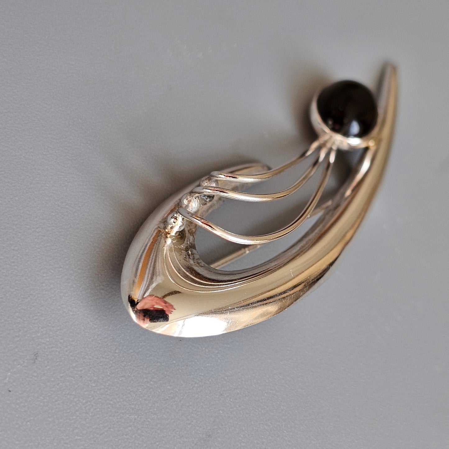Vintage 1960s Finnish Modernist Silver & Smoky Quartz Brooch by Kultaseppä Salovaara 1962