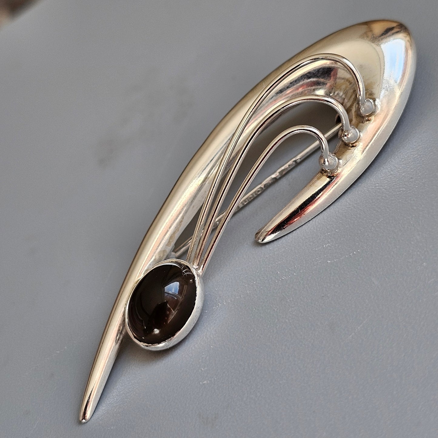 Vintage 1960s Finnish Modernist Silver & Smoky Quartz Brooch by Kultaseppä Salovaara 1962