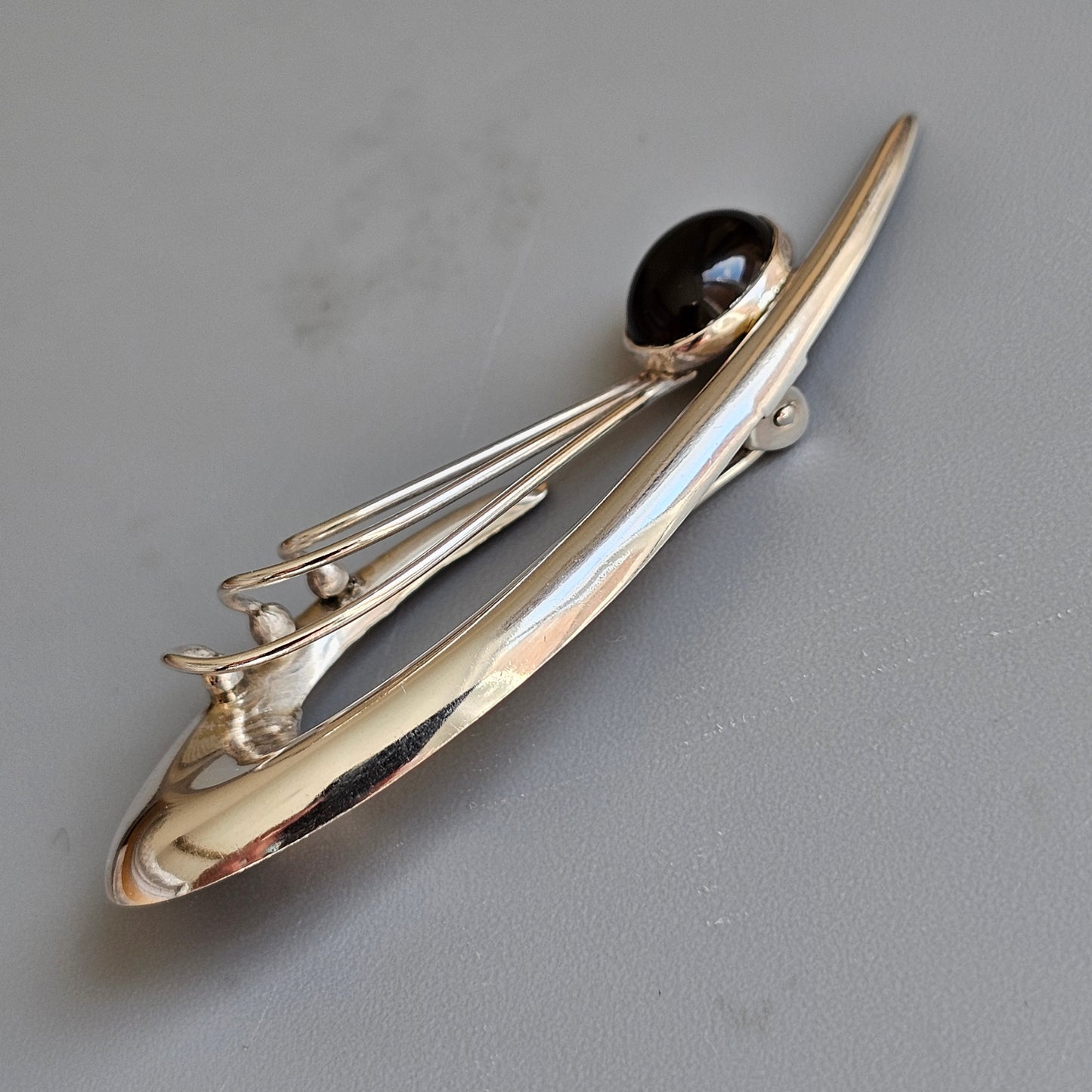 Vintage 1960s Finnish Modernist Silver & Smoky Quartz Brooch by Kultaseppä Salovaara 1962