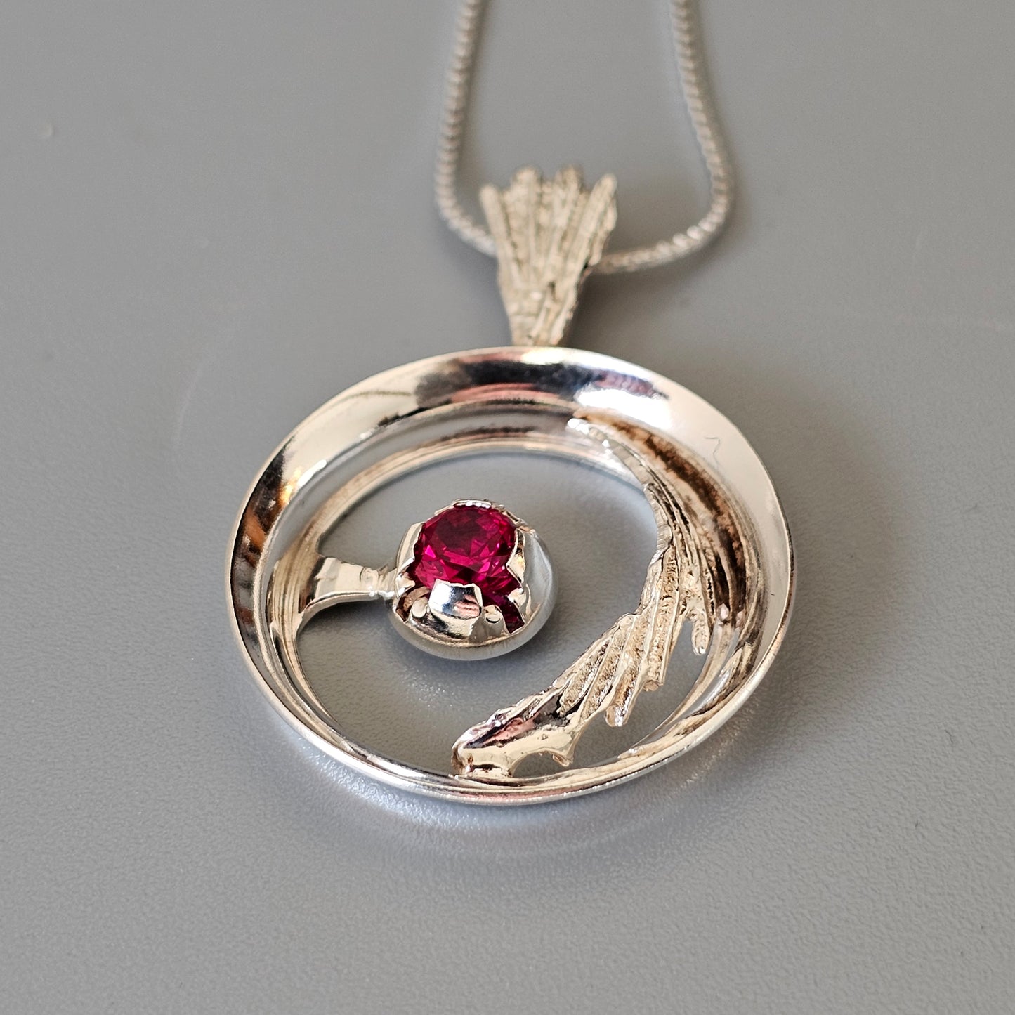 Finnish Modernist Silver & Lab-Created Ruby Necklace Pendant by Martti Viikinniemi - 1960s 1970s
