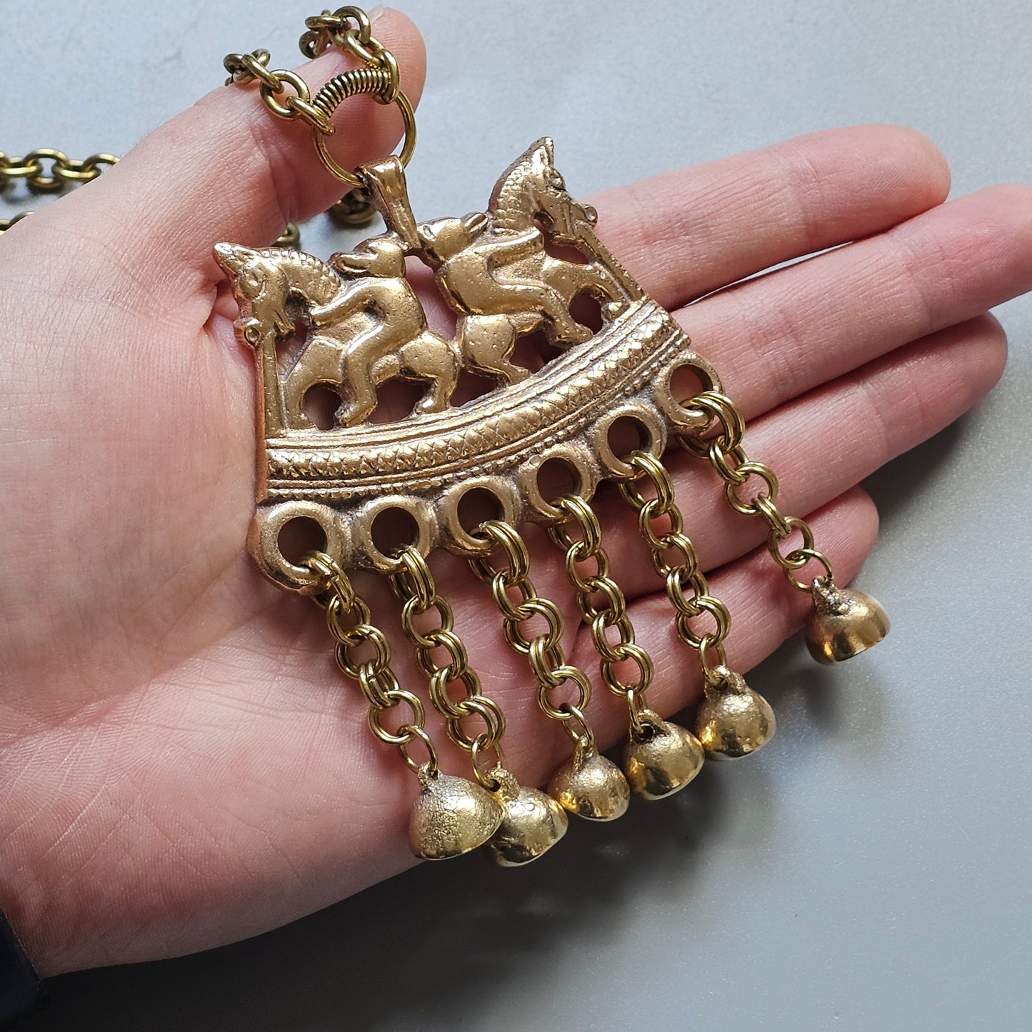 Vintage Kalevala Koru Bronze Necklace — Viking Era Bears Riding Horses, Kokemäki "Two Riders" Pendant, Finnish Mythic Design
