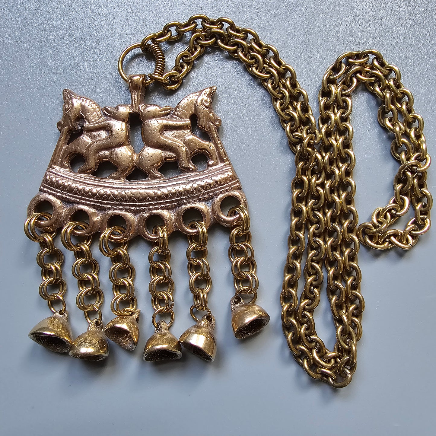 Vintage Kalevala Koru Bronze Necklace — Viking Era Bears Riding Horses, Kokemäki "Two Riders" Pendant, Finnish Mythic Design