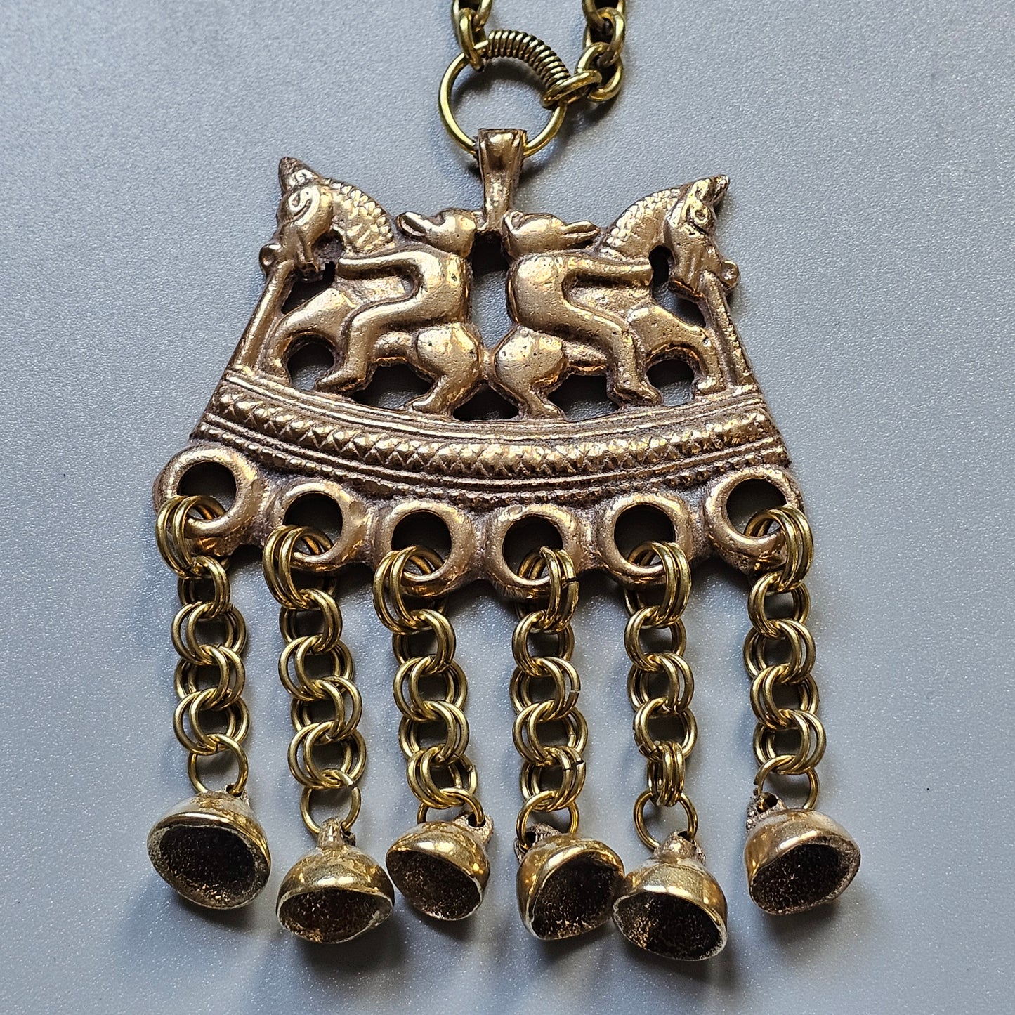 Vintage Kalevala Koru Bronze Necklace — Viking Era Bears Riding Horses, Kokemäki "Two Riders" Pendant, Finnish Mythic Design