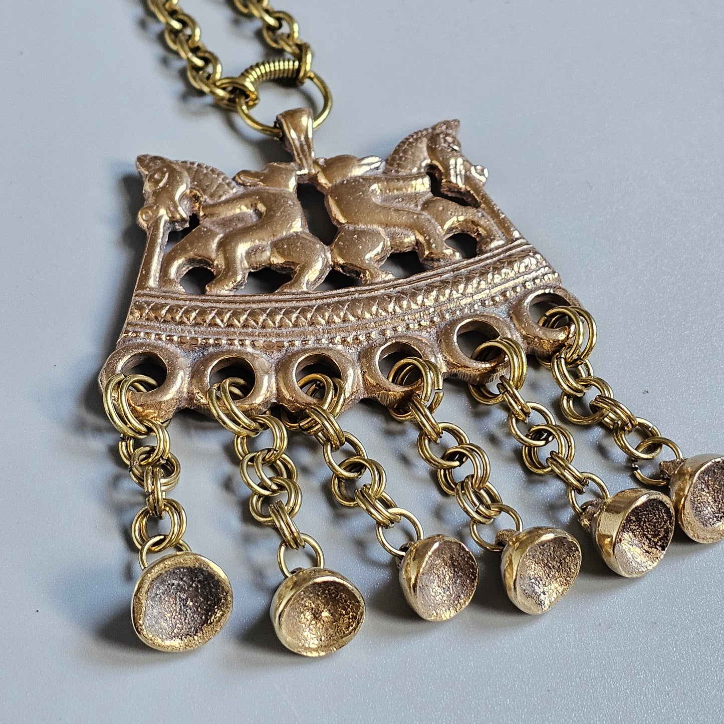 Vintage Kalevala Koru Bronze Necklace — Viking Era Bears Riding Horses, Kokemäki "Two Riders" Pendant, Finnish Mythic Design