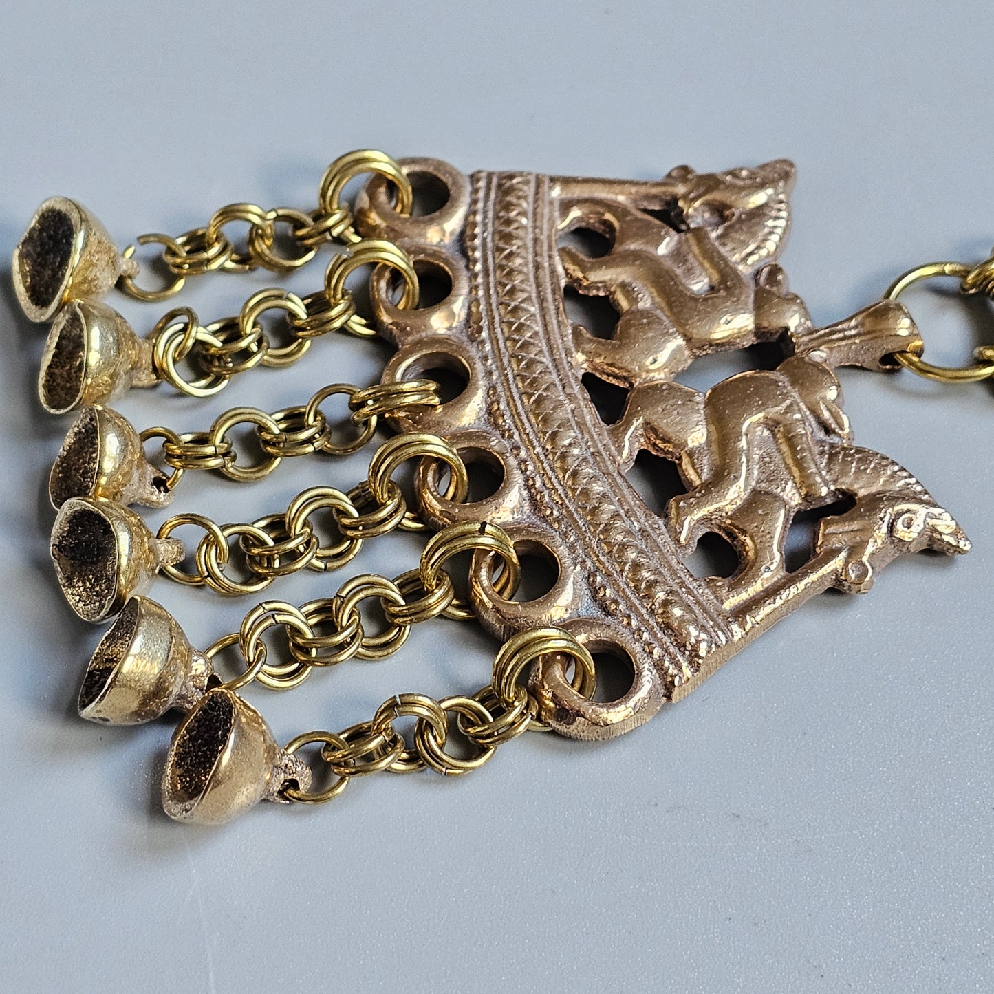 Vintage Kalevala Koru Bronze Necklace — Viking Era Bears Riding Horses, Kokemäki "Two Riders" Pendant, Finnish Mythic Design
