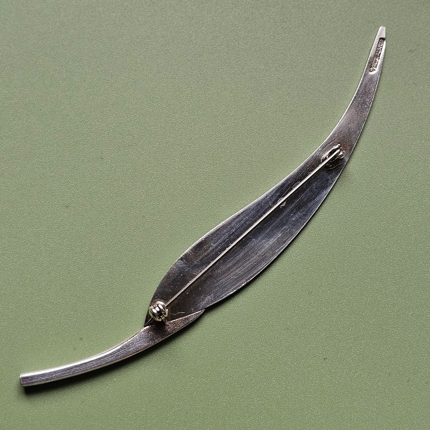 Minimalist 1990s Sterling Silver Leaf Brooch by Finnish Kaunis Koru 1997