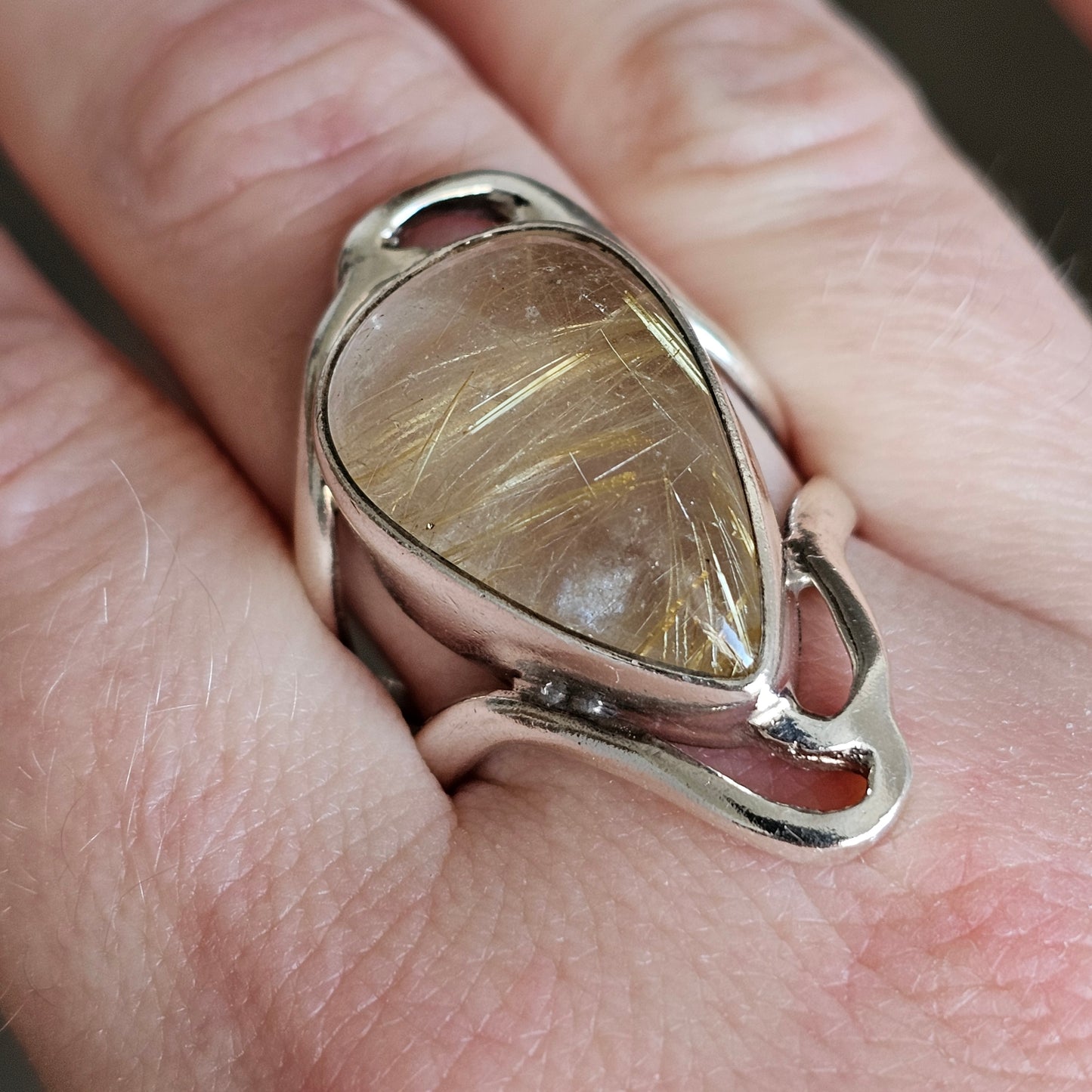 Chunky Vintage Sterling Silver & Golden Rutilated Quartz Ring