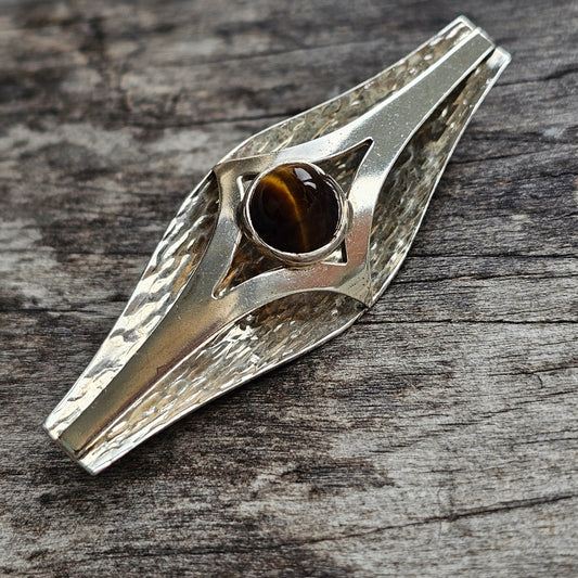 1960s Vintage Modernist Finnish Silver & Tigers Eye Brooch by Kultaseppa Salovaara Hallmarked 1964