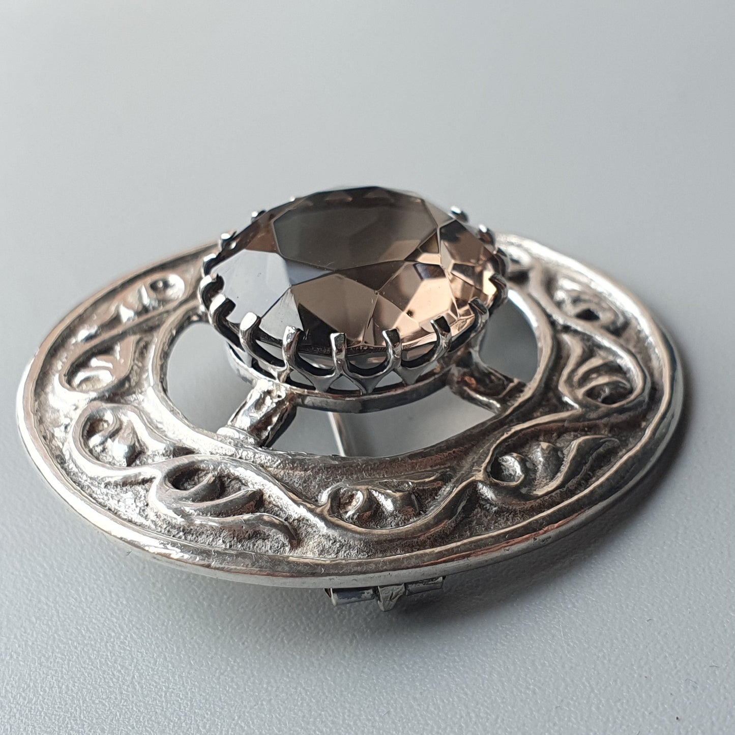 1960s Vintage Scottish Sterling Silver & Smokey Quartz Round Brooch Hallmarked 1968