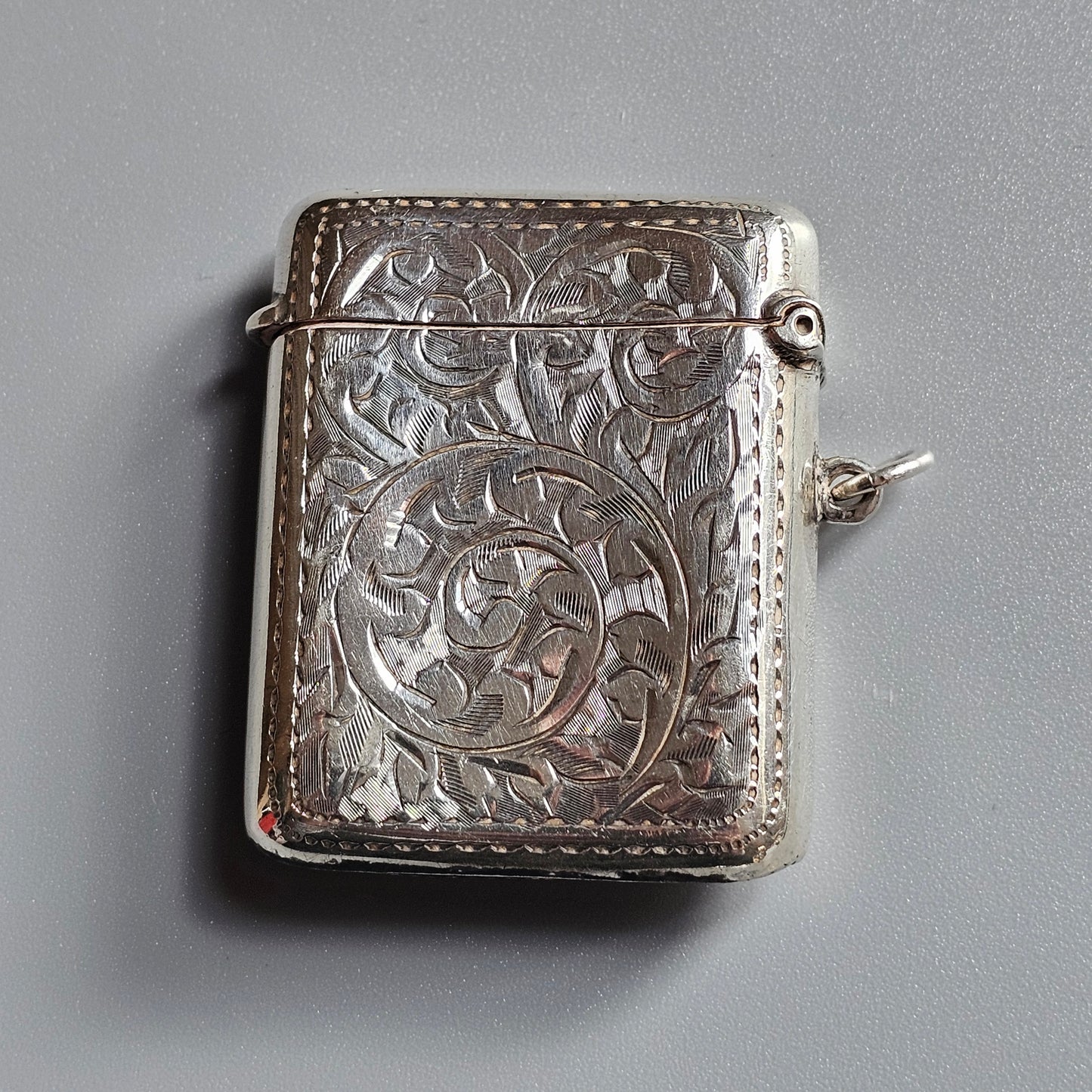 Vintage 1910s Sterling Silver Vesta Match Case | Engraved Floral Design British Hallmarked 1919