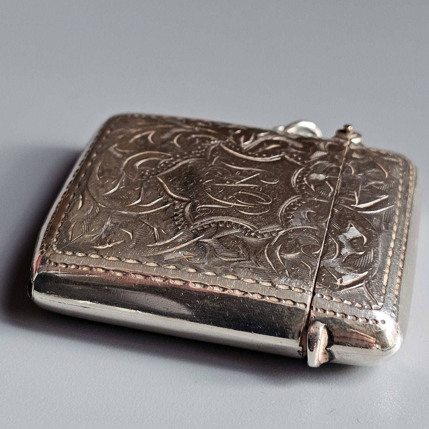 Vintage 1910s Sterling Silver Vesta Match Case | Engraved Floral Design British Hallmarked 1919