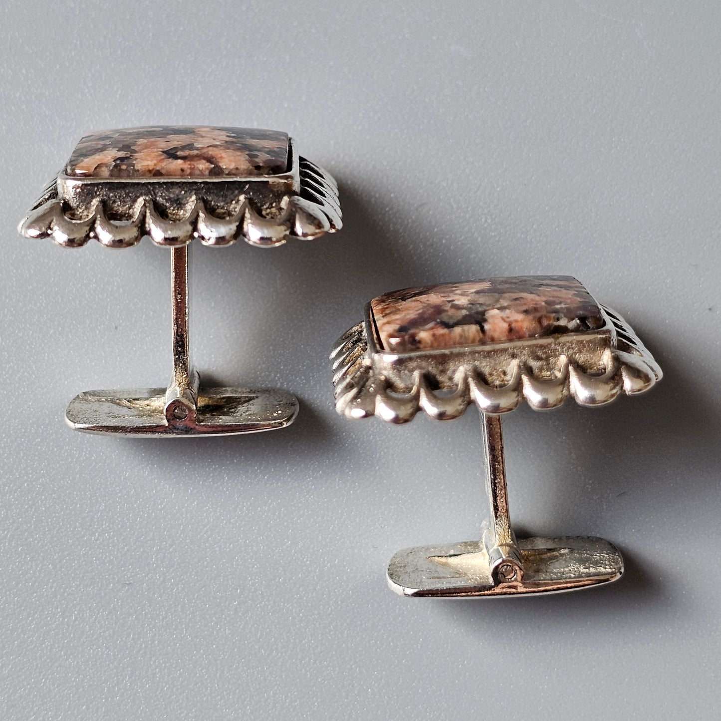 1970s Modernist Silver & Granite Stone Cufflinks by Finnish Turun Hopea 1978