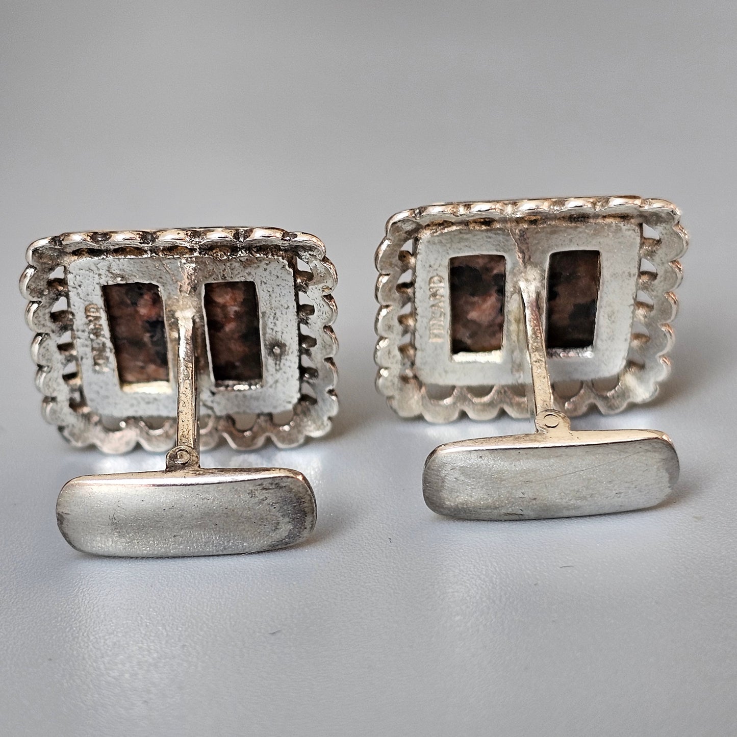 1970s Modernist Silver & Granite Stone Cufflinks by Finnish Turun Hopea 1978