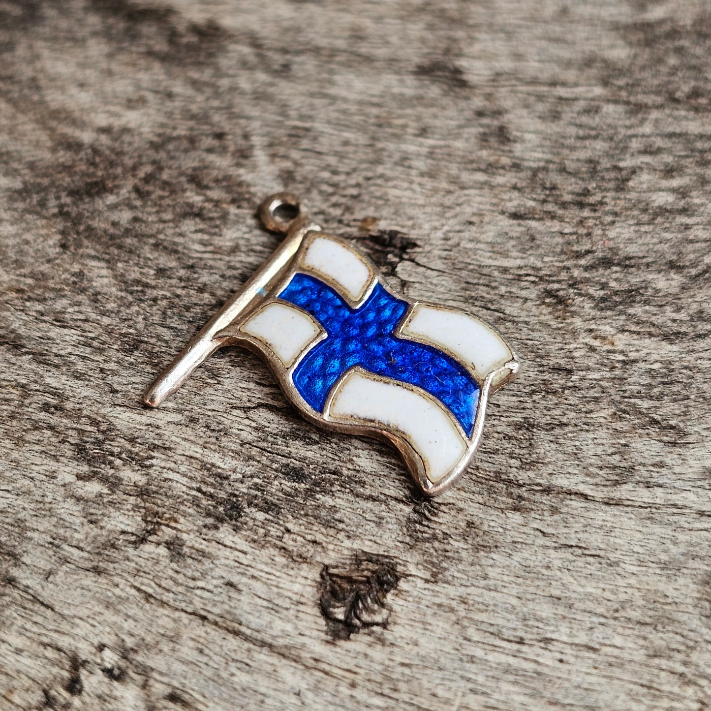 Vintage Finnish Silver Enamel Flag Travel Charm