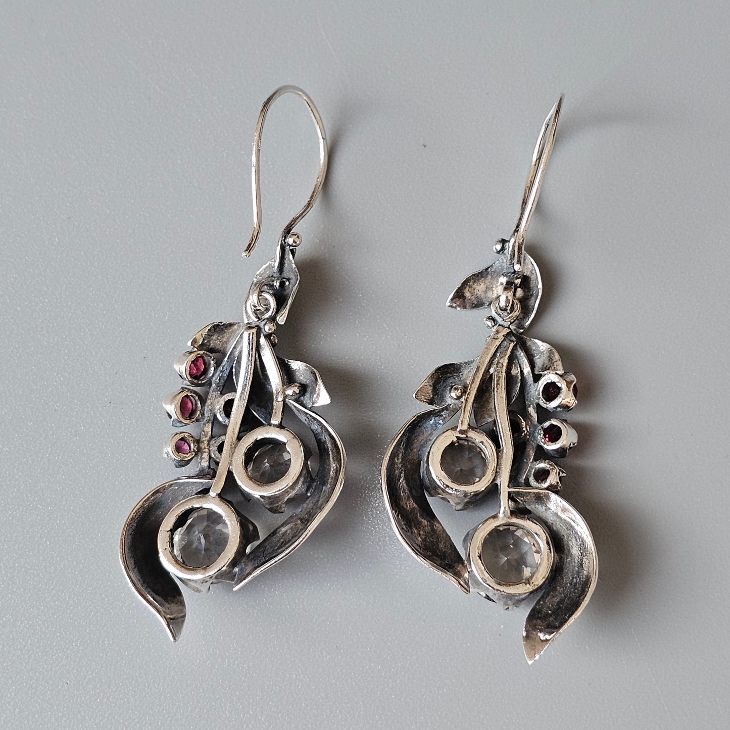 Antique Finnish Silver, White Topaz & Red Garnet Dangly Earrings