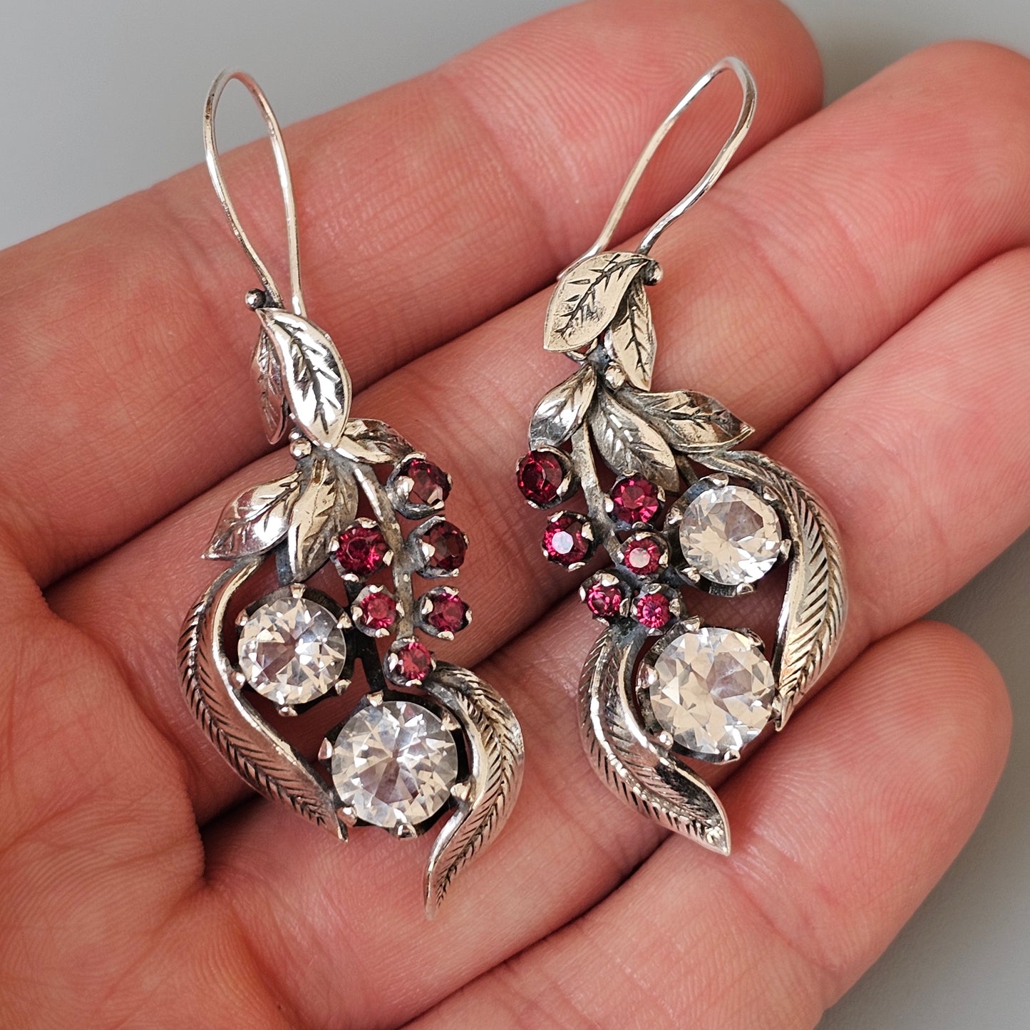 Antique Finnish Silver, White Topaz & Red Garnet Dangly Earrings
