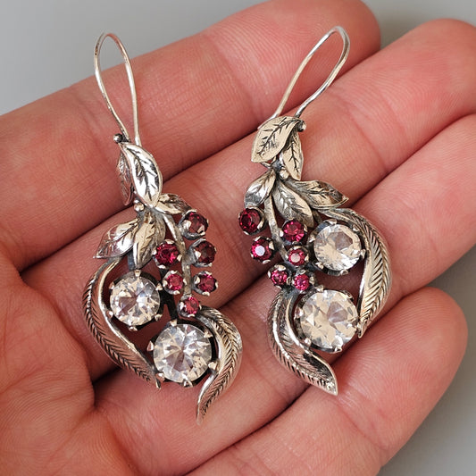 Antique Finnish Silver, White Topaz & Red Garnet Dangly Earrings