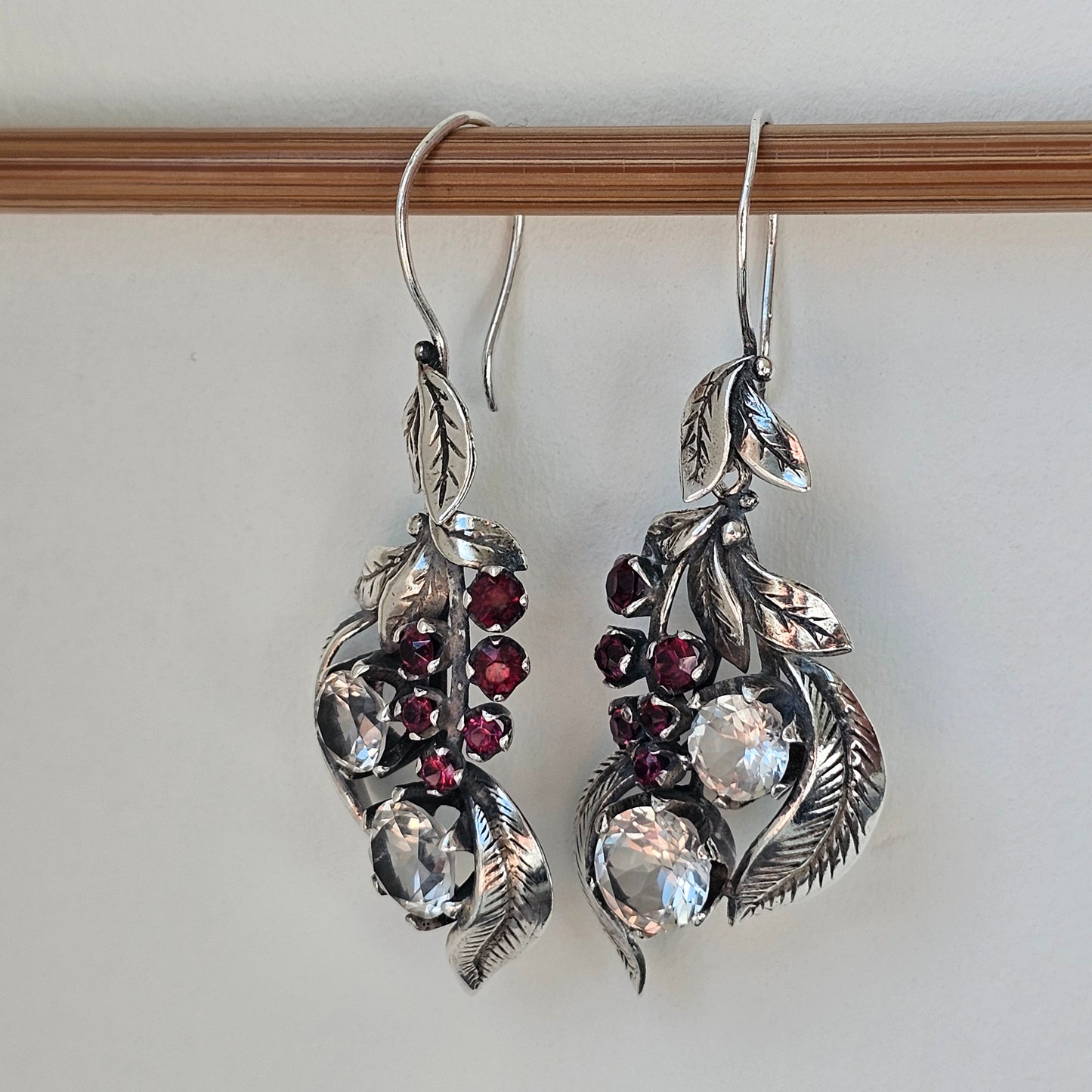 Antique Finnish Silver, White Topaz & Red Garnet Dangly Earrings
