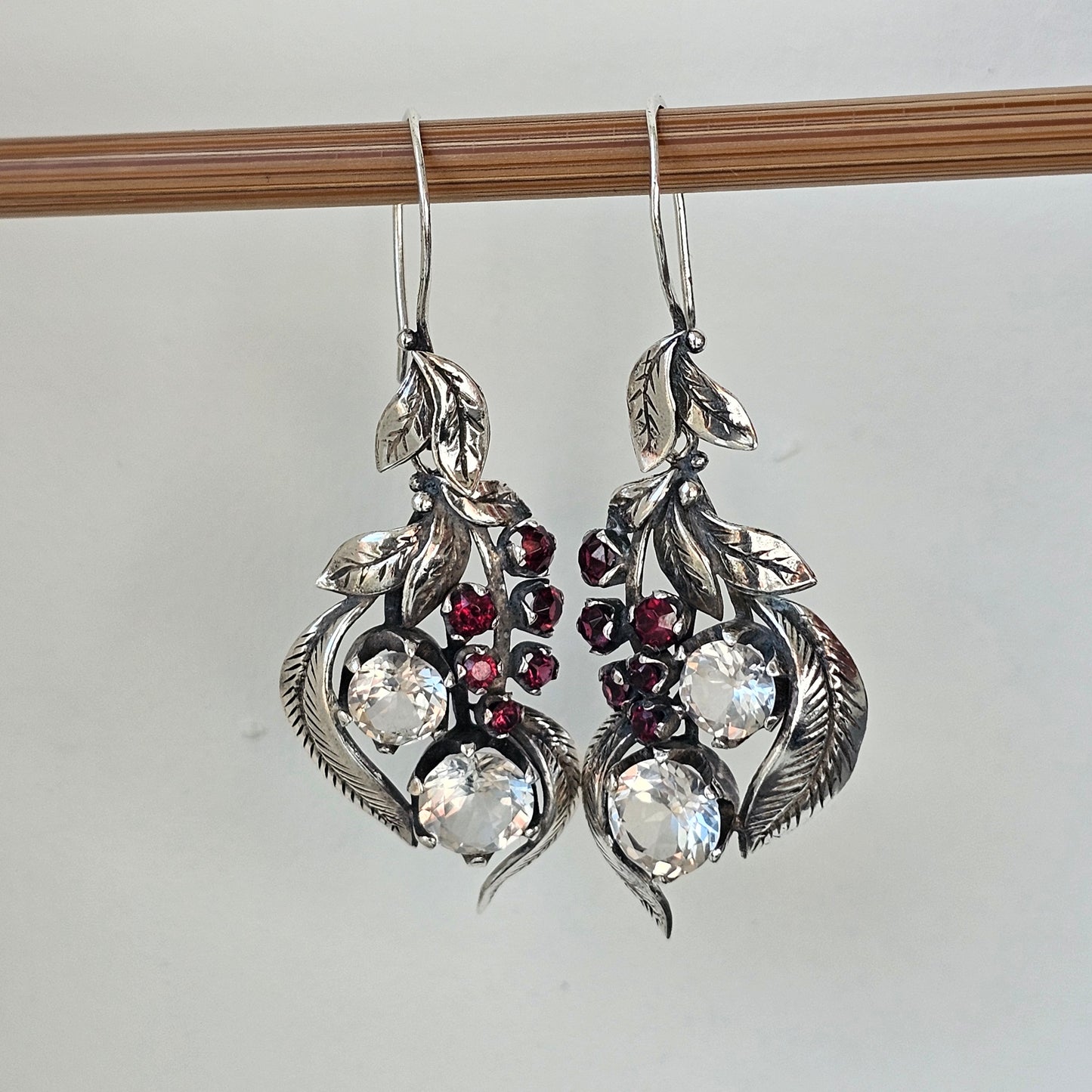 Antique Finnish Silver, White Topaz & Red Garnet Dangly Earrings