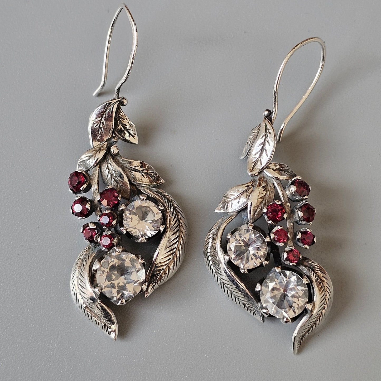 Antique Finnish Silver, White Topaz & Red Garnet Dangly Earrings