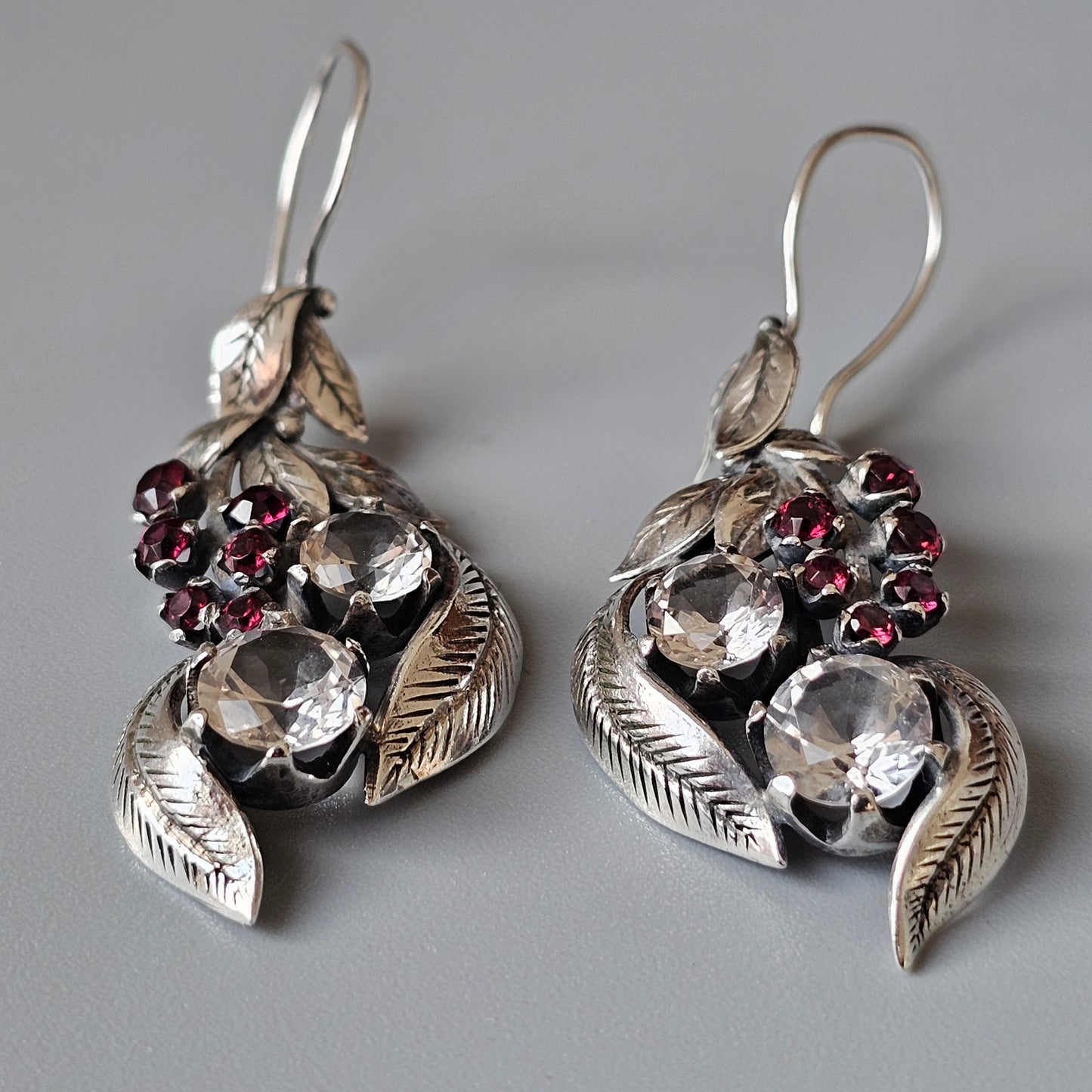 Antique Finnish Silver, White Topaz & Red Garnet Dangly Earrings