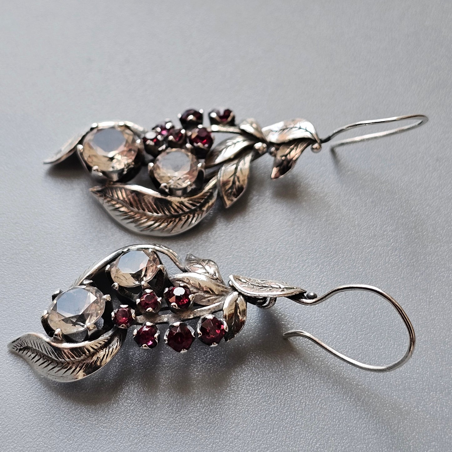 Antique Finnish Silver, White Topaz & Red Garnet Dangly Earrings