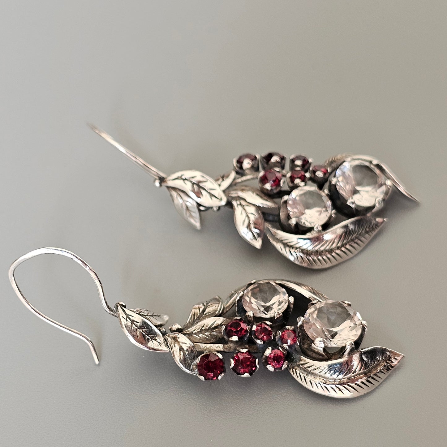 Antique Finnish Silver, White Topaz & Red Garnet Dangly Earrings