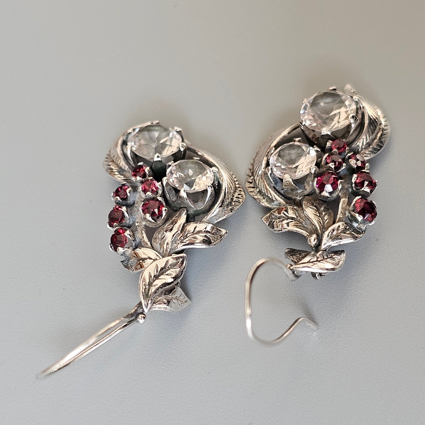 Antique Finnish Silver, White Topaz & Red Garnet Dangly Earrings