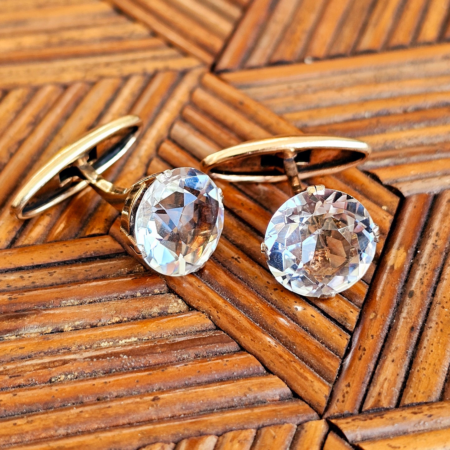 Art Deco Style Vintage Soviet 875 Gilt Silver & Rock Crystal Cufflinks Mid Century Modern