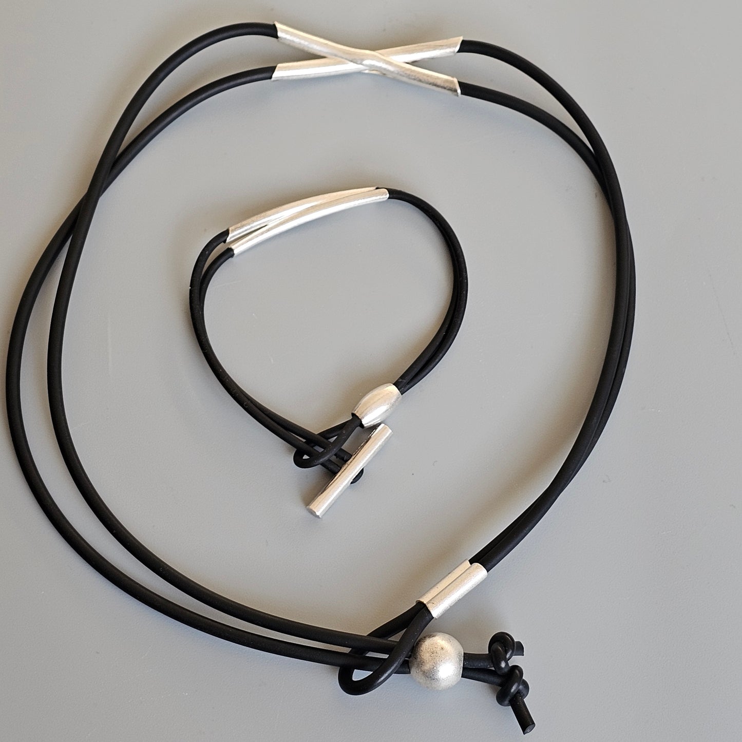 Finnish Lapponia Sterling Silver & Rubber Necklace Necklet & Bracelet by Christophe Burger Chriss-Cross Chokey 2003