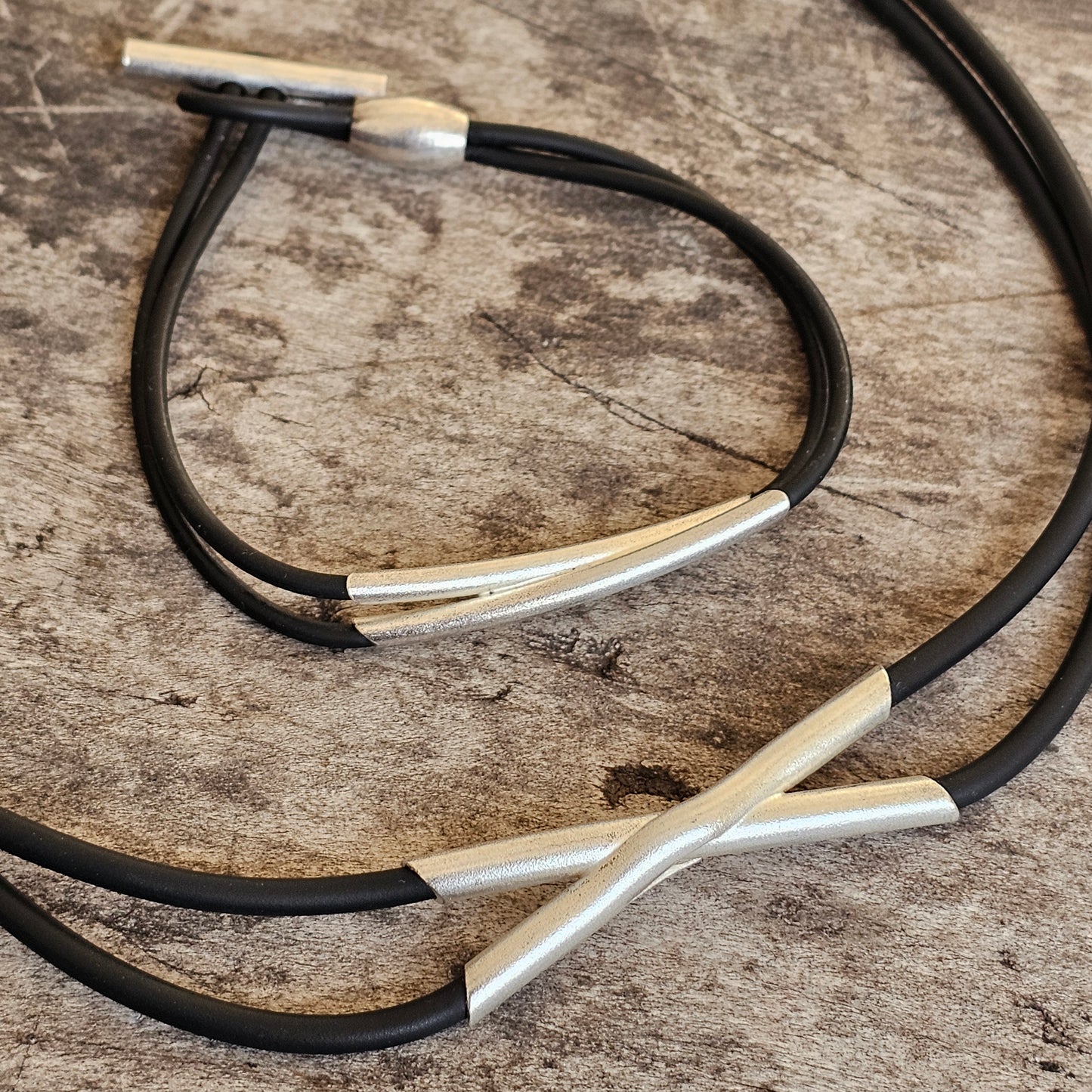 Finnish Lapponia Sterling Silver & Rubber Necklace Necklet & Bracelet by Christophe Burger Chriss-Cross Chokey 2003