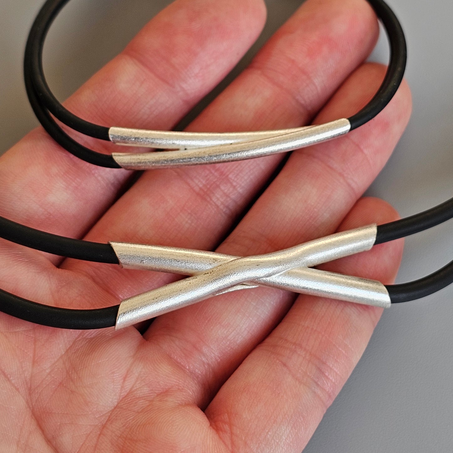 Finnish Lapponia Sterling Silver & Rubber Necklace Necklet & Bracelet by Christophe Burger Chriss-Cross Chokey 2003