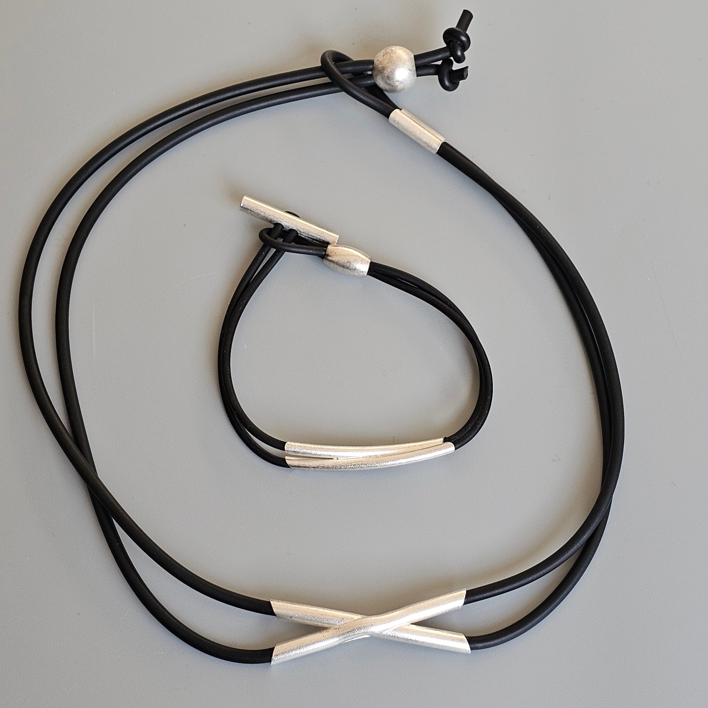 Finnish Lapponia Sterling Silver & Rubber Necklace Necklet & Bracelet by Christophe Burger Chriss-Cross Chokey 2003