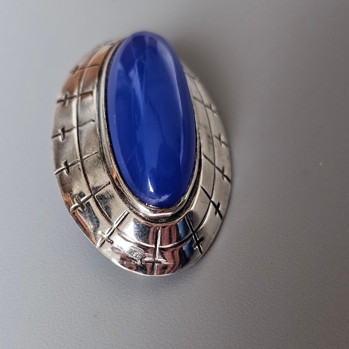1960s Finnish Modernist Era Silver & Blue Chalcedony Eye Brooch By Erik Granit & Co 1961