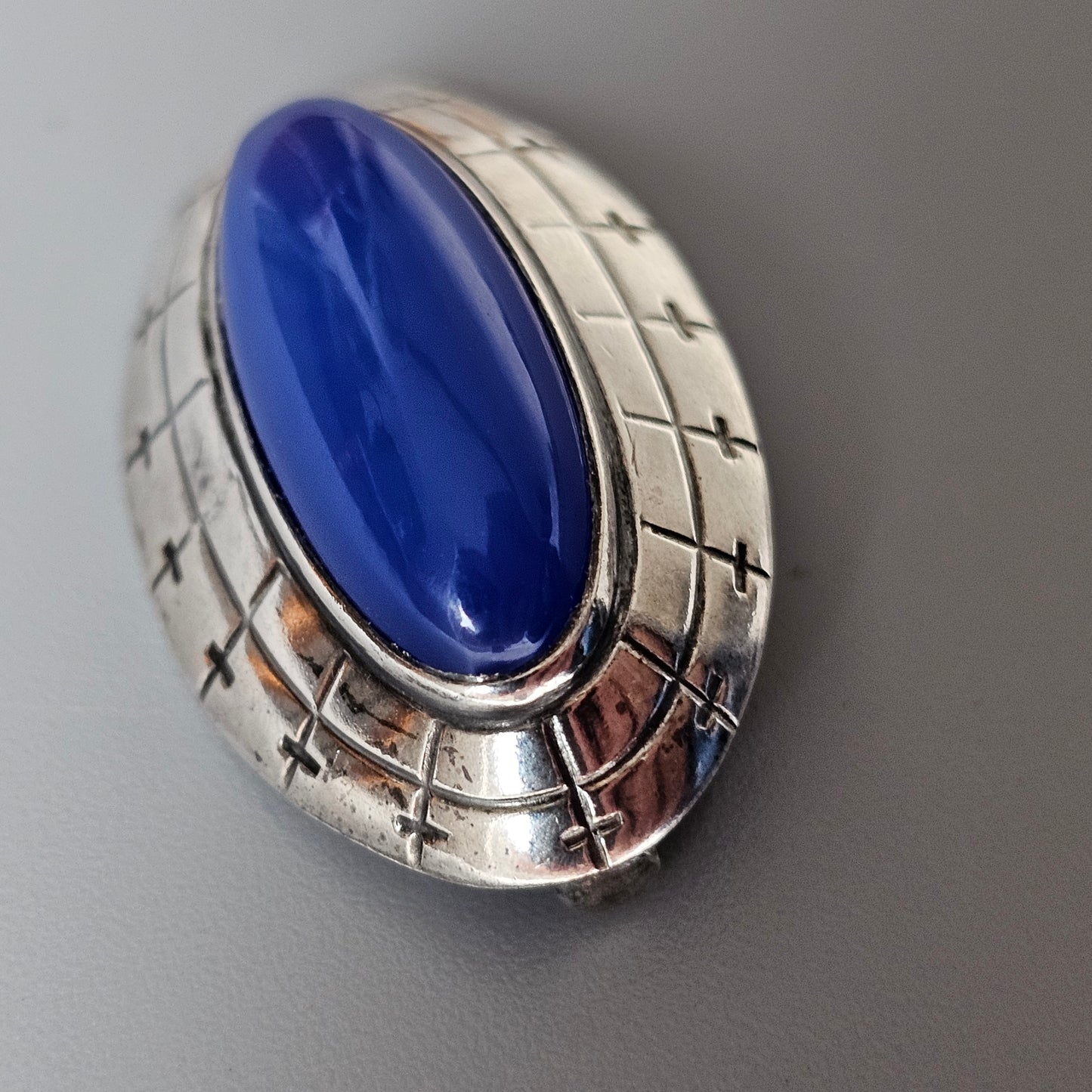 1960s Finnish Modernist Era Silver & Blue Chalcedony Eye Brooch By Erik Granit & Co 1961